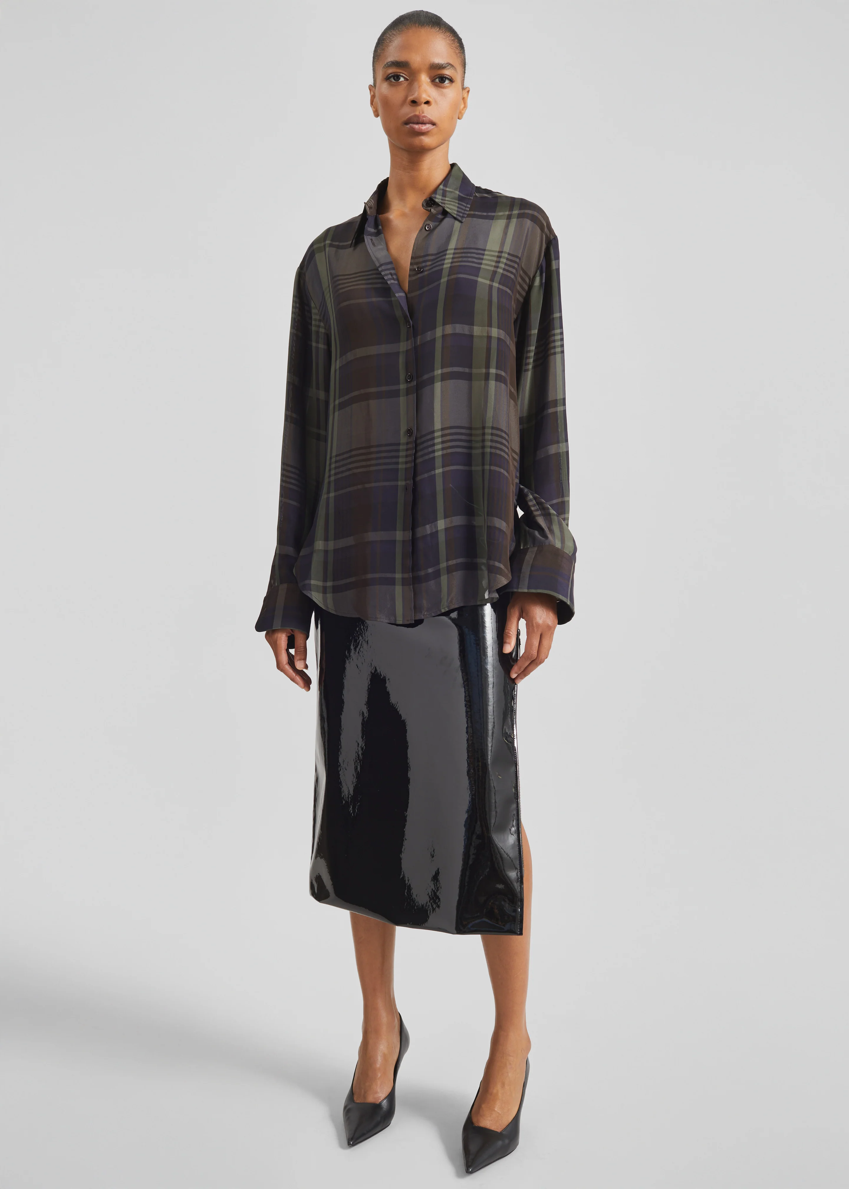 Peri Sheer Fluid Shirt - Navy Tartan - Image 3