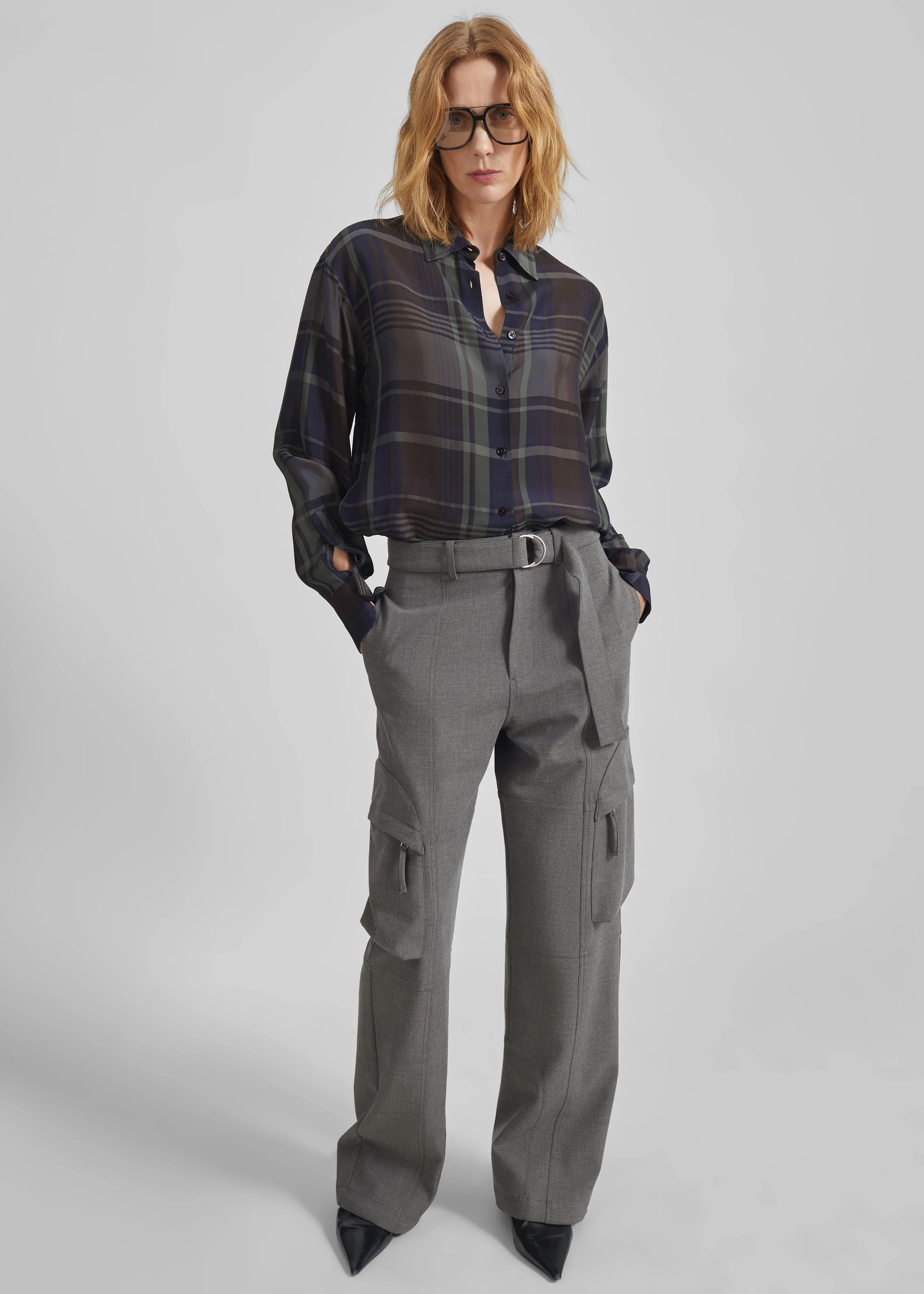 Peri Sheer Fluid Shirt - Navy Tartan - Image 5