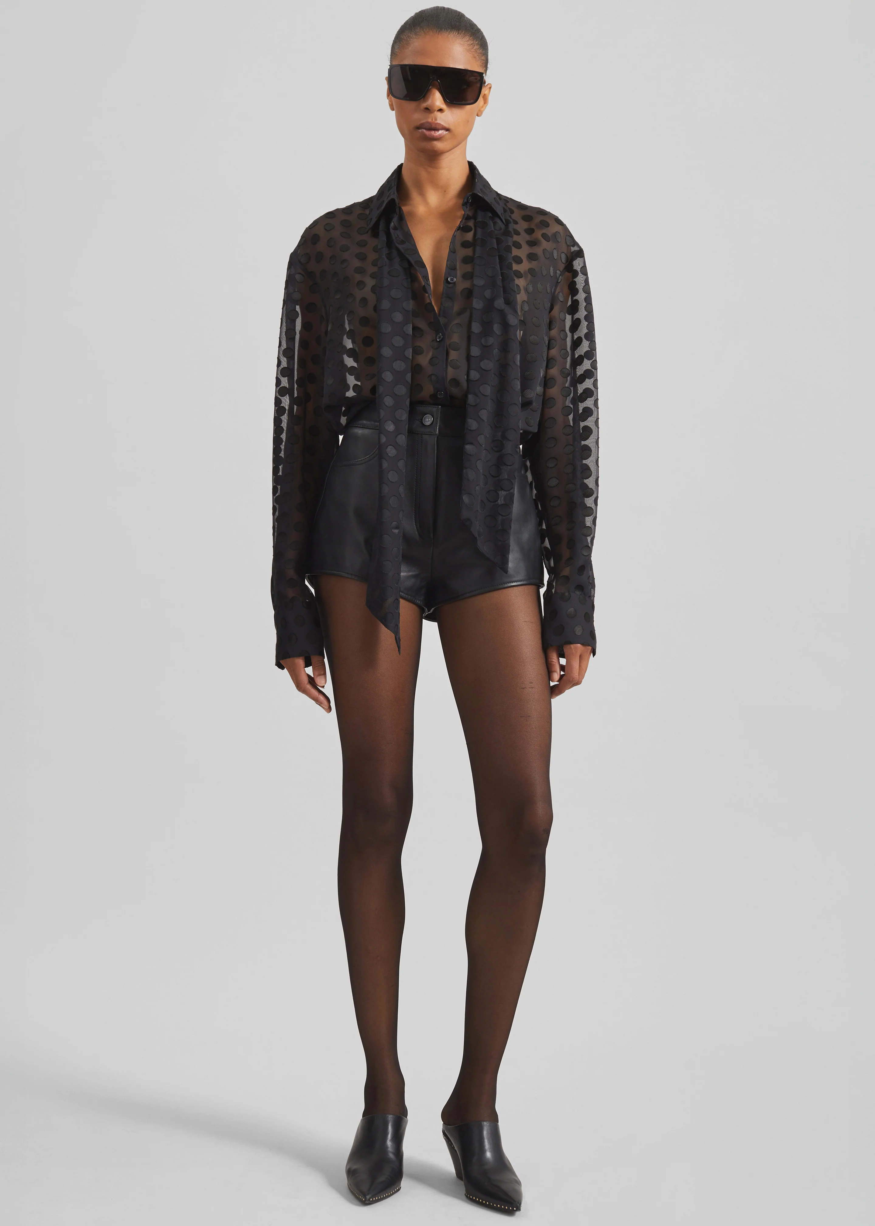 Peri Sheer Tie-Neck Shirt - Black Polka Dot - Image 4