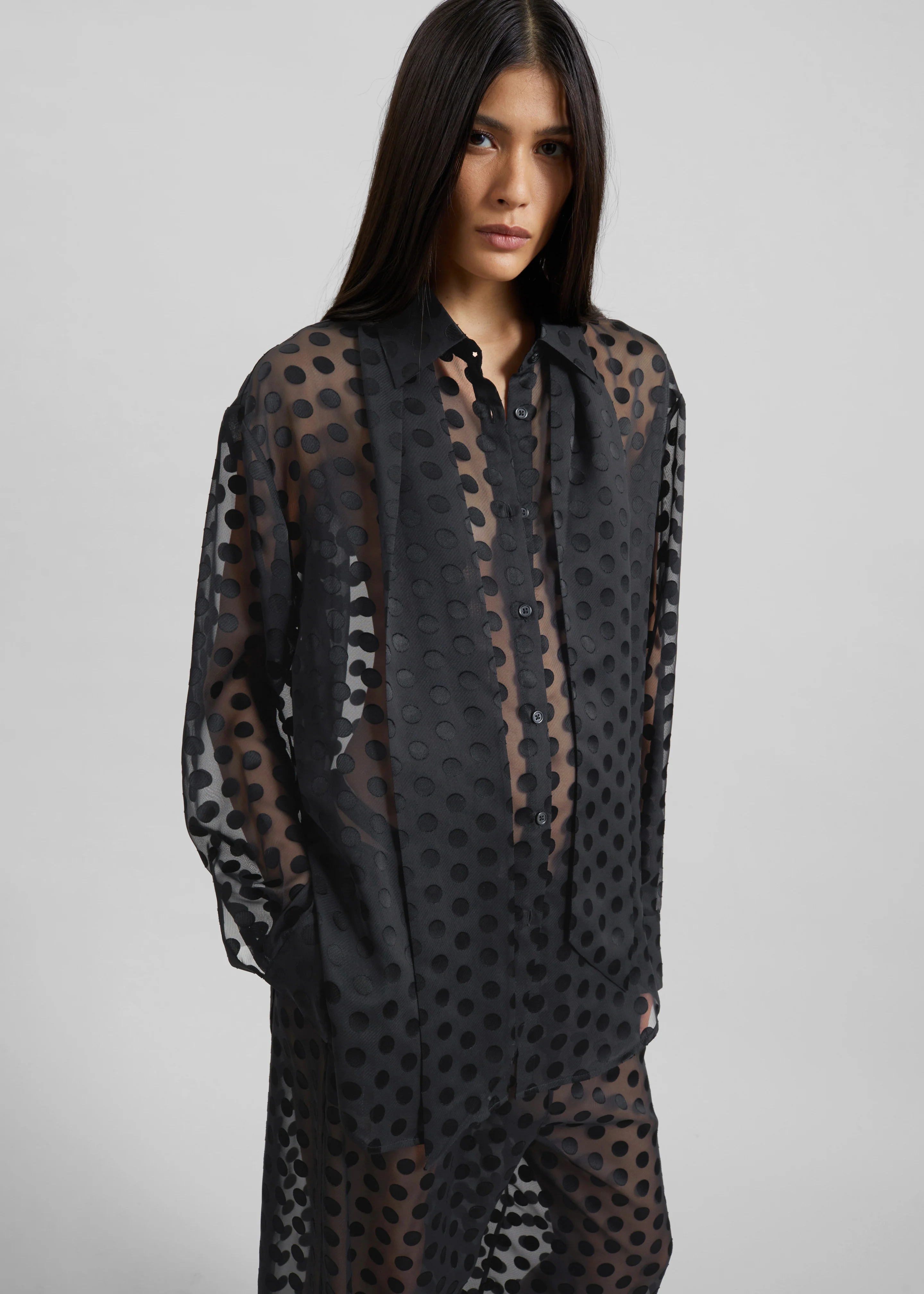 Peri Sheer Tie-Neck Shirt - Black Polka Dot - Image 7