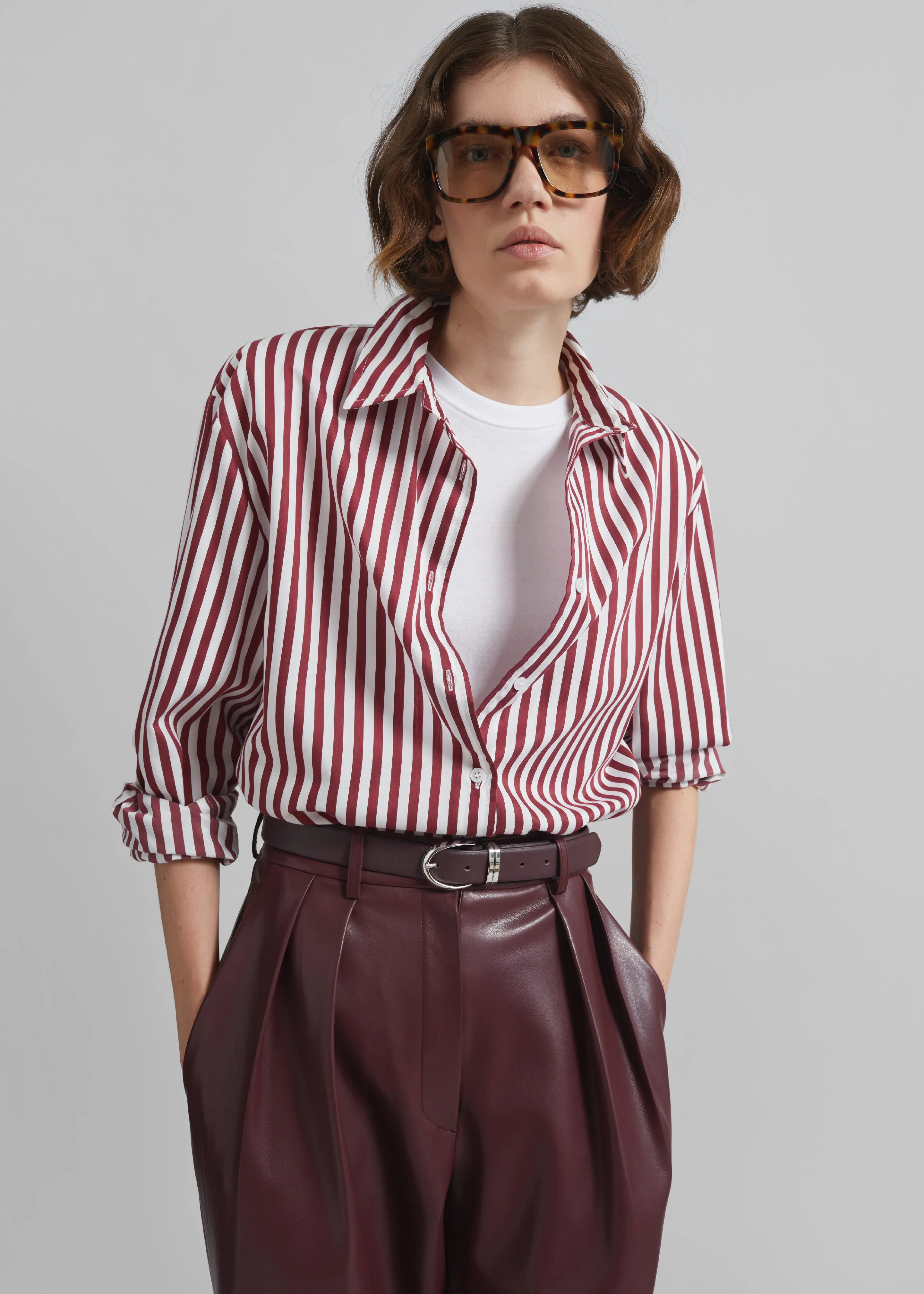 Peri Striped Poplin Shirt - Burgundy/White - Image 2