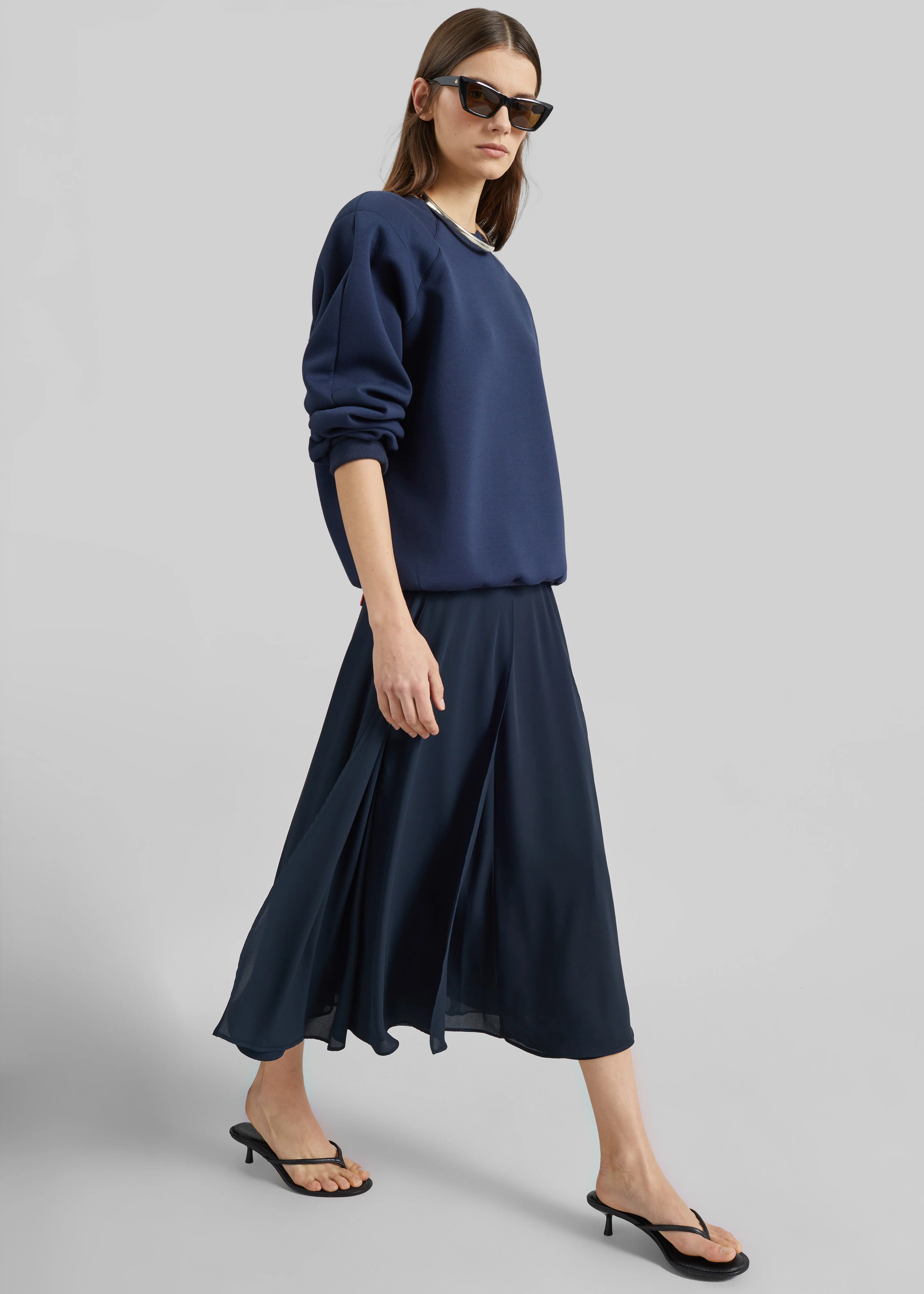 Provence Fluid A-Line Midi Skirt - Navy - Image 3