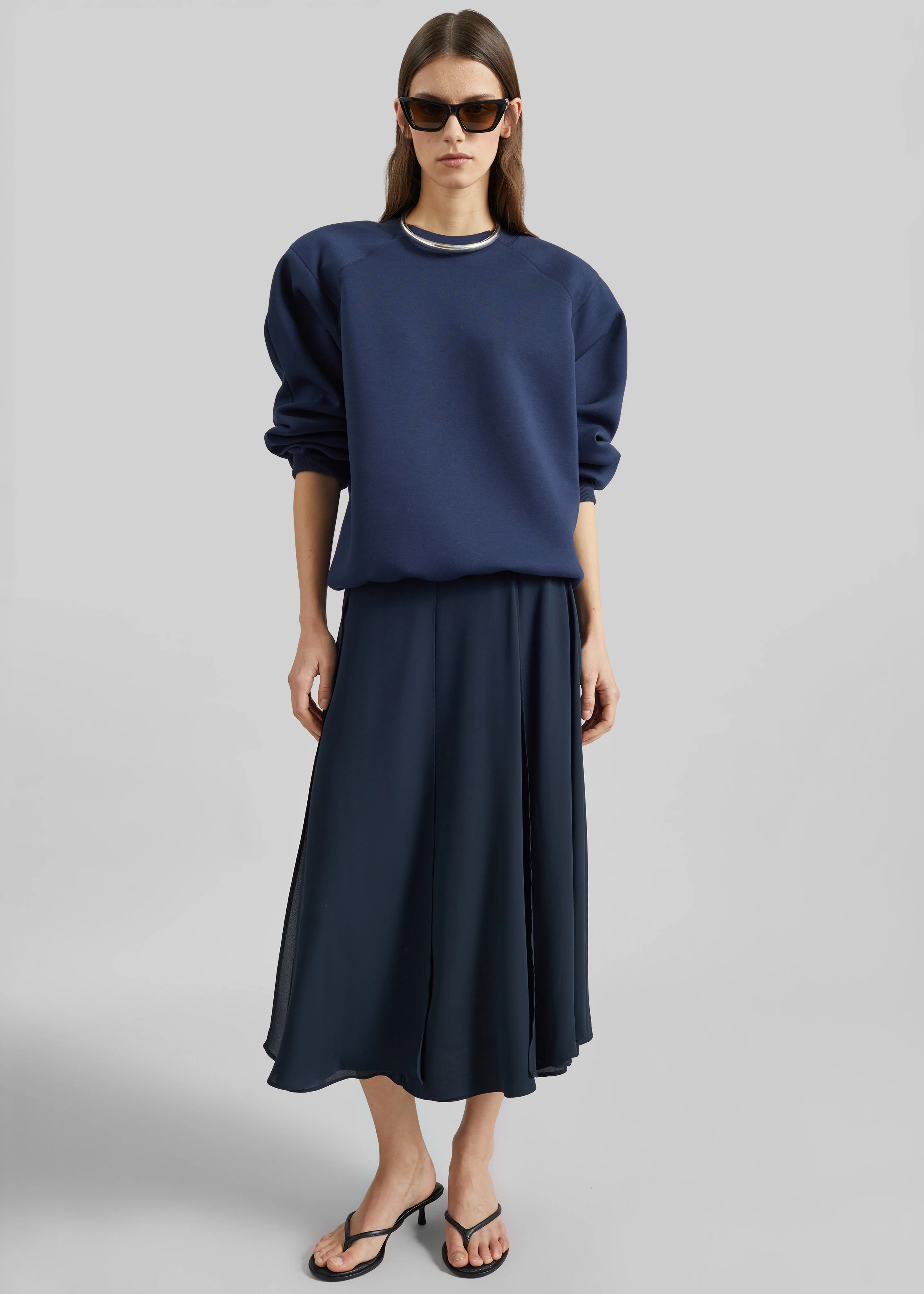 Provence Fluid A-Line Midi Skirt - Navy - Image 5