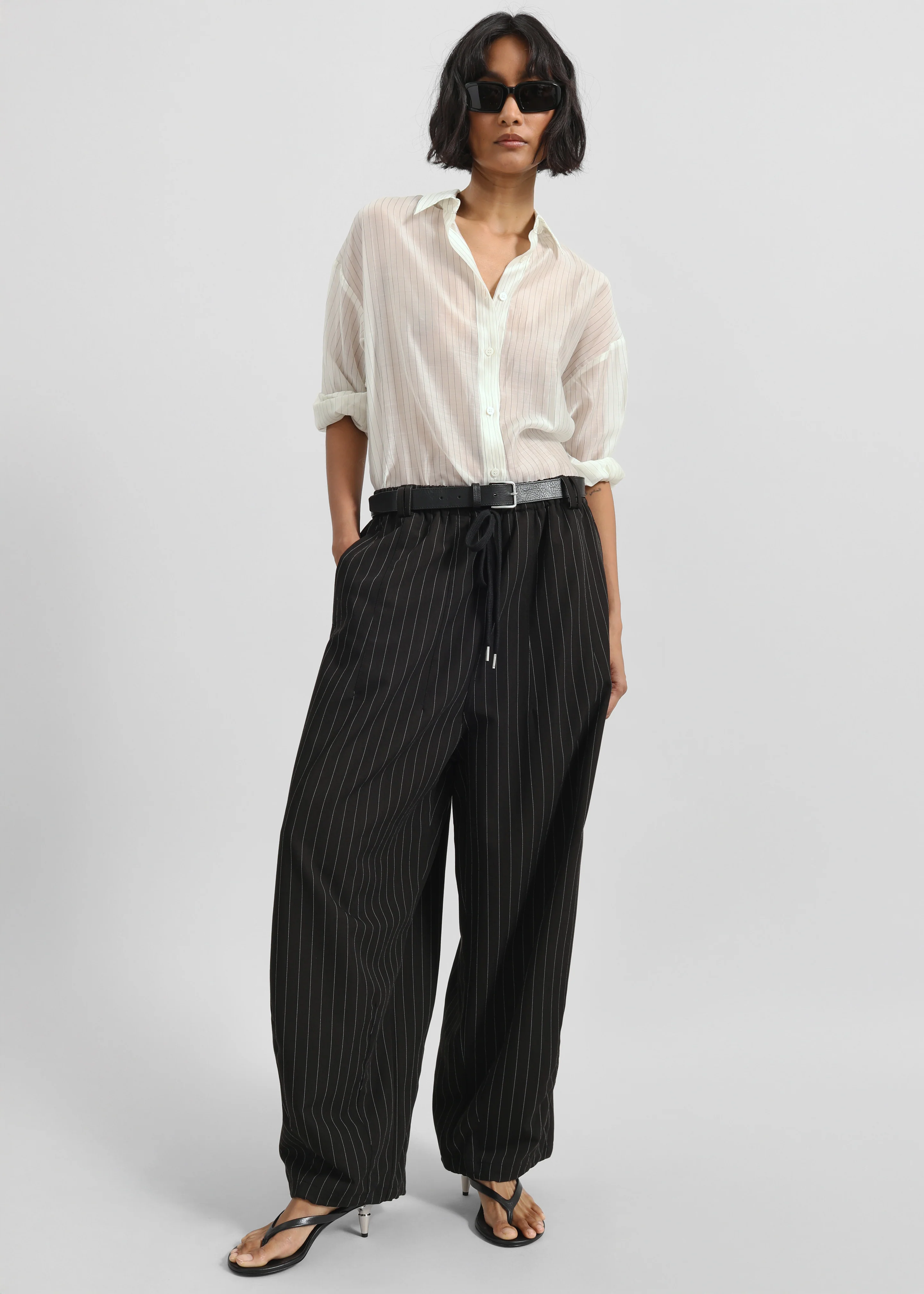 Rilton Drawstring Pants - Black/White Pinstripe - Image 3