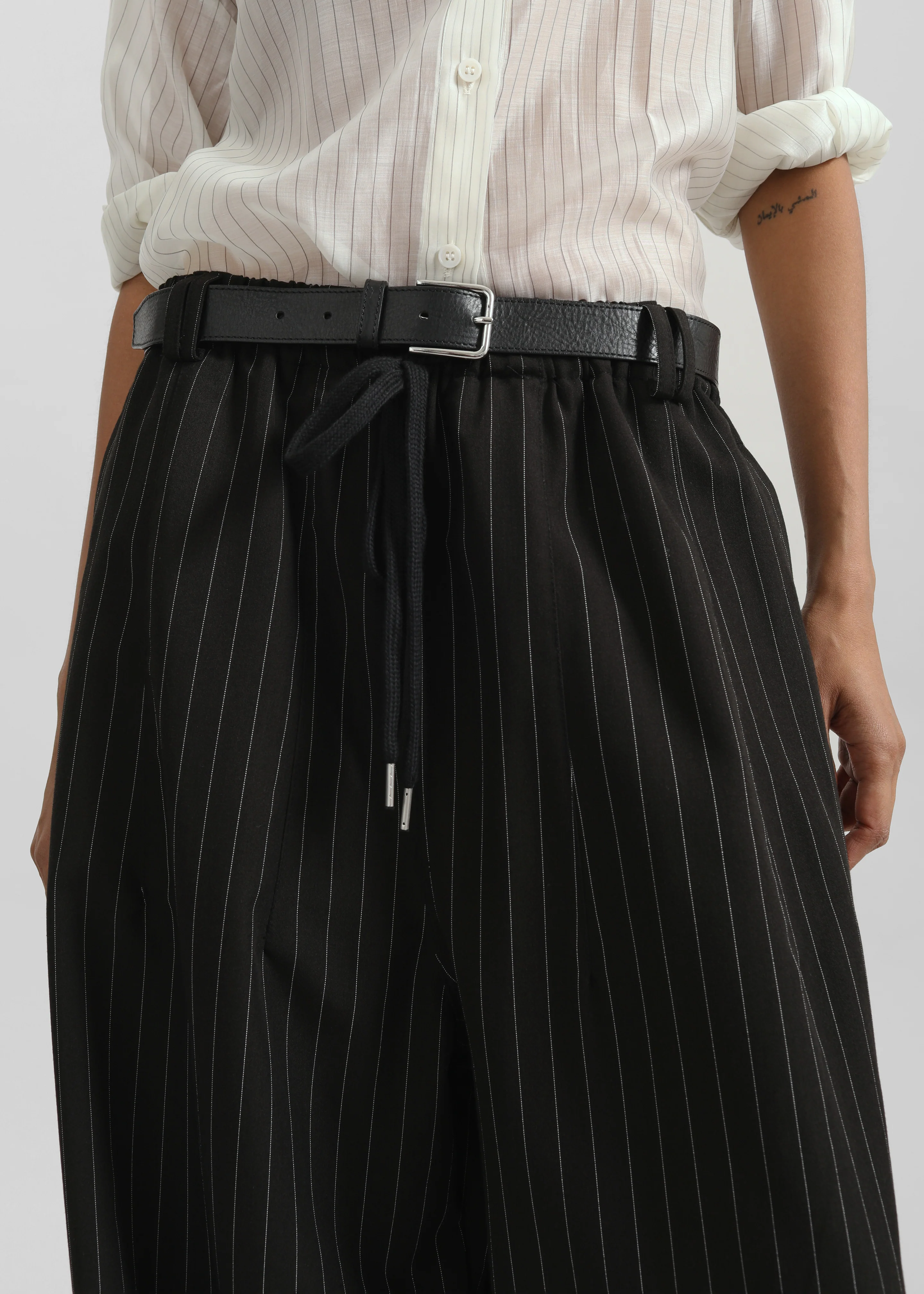 Rilton Drawstring Pants - Black/White Pinstripe - Image 4