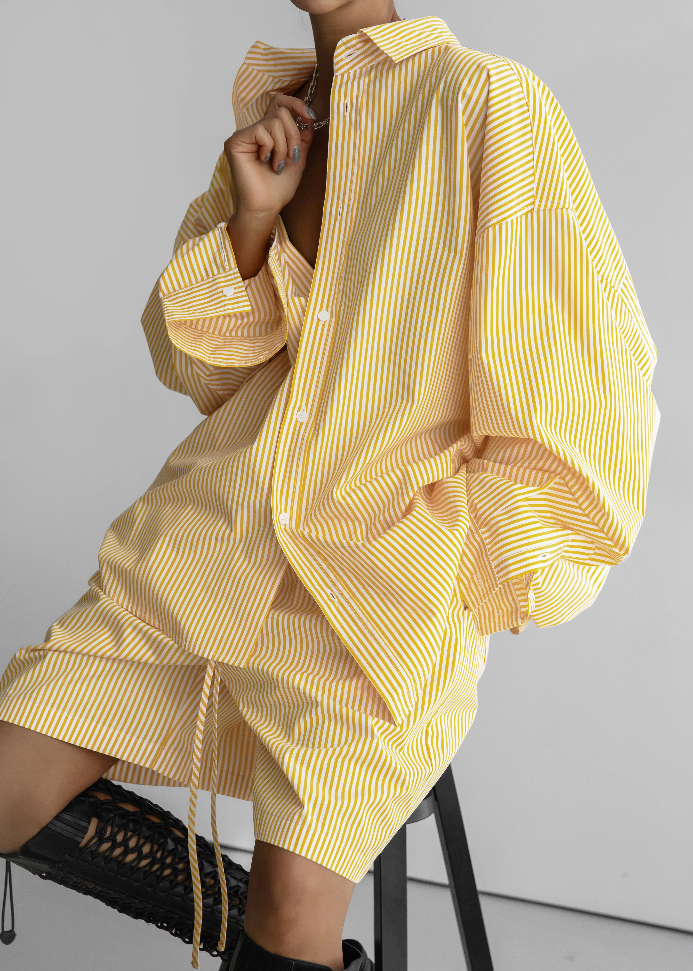 Rimini Oversized Poplin Shirt - Yellow/White Stripe - Image 8