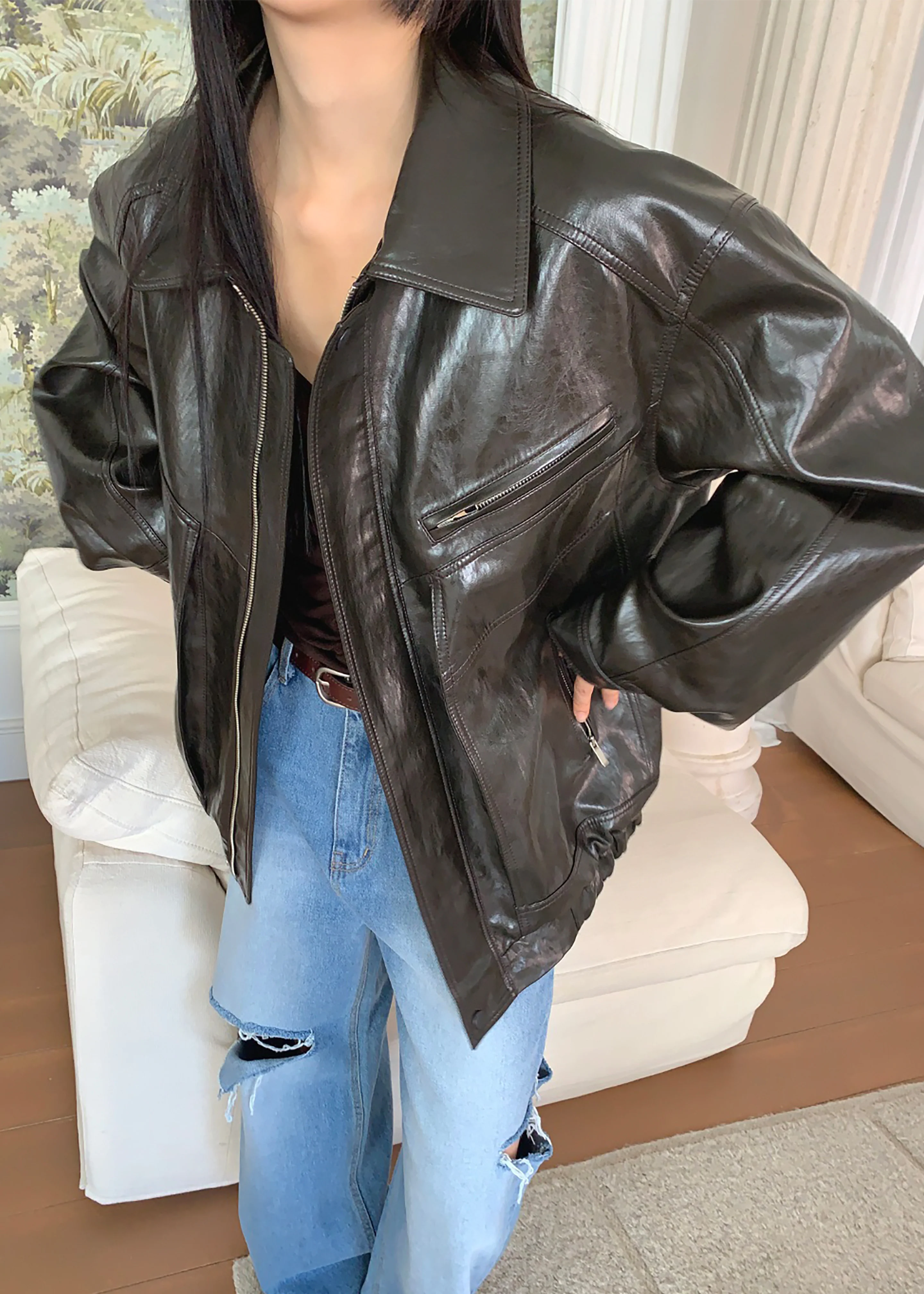 Risner Faux Leather Jacket - Dark Brown - Image 5