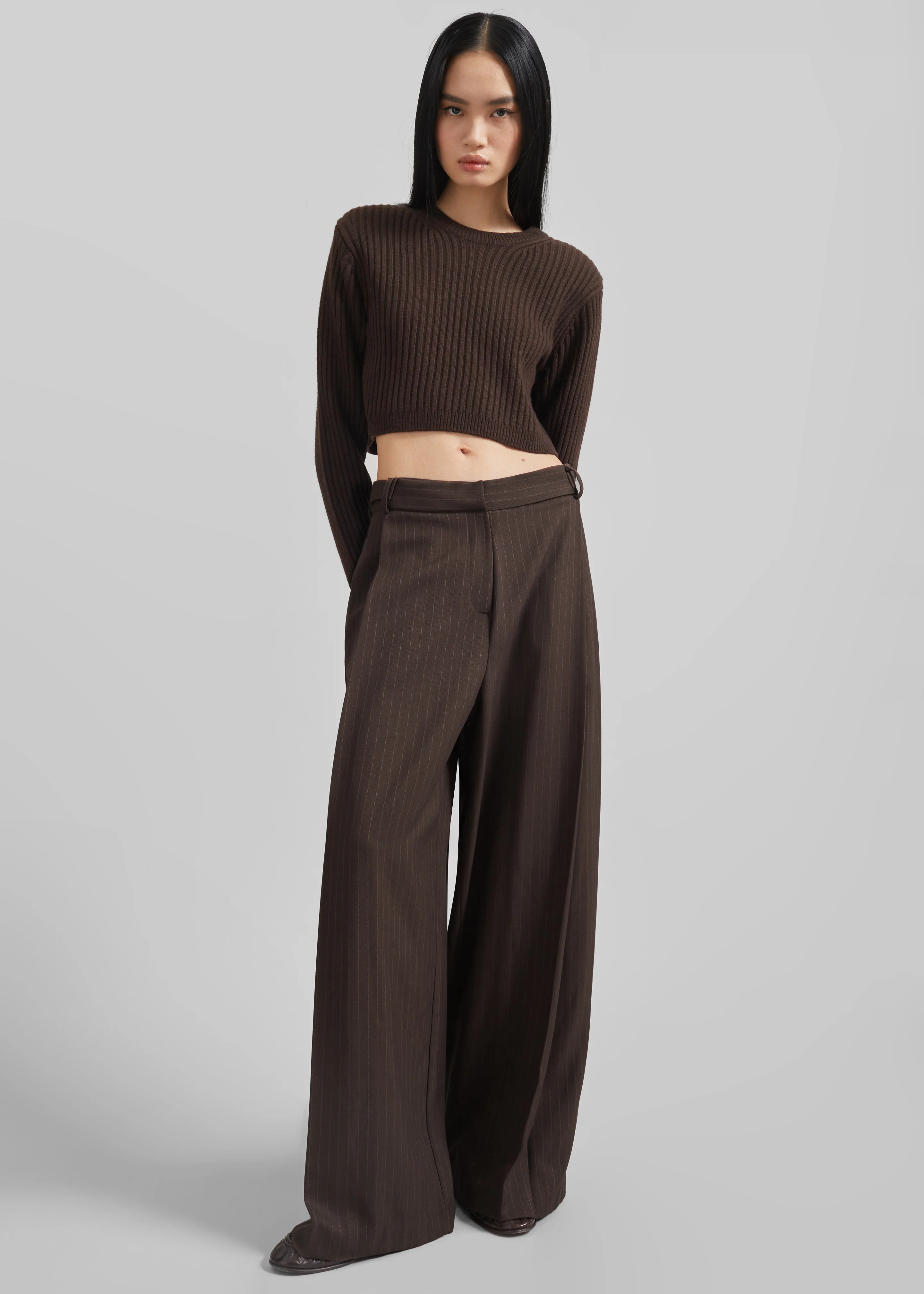 Ritsem Cropped Ribbed Wool Sweater - Dark Brown - Image 2