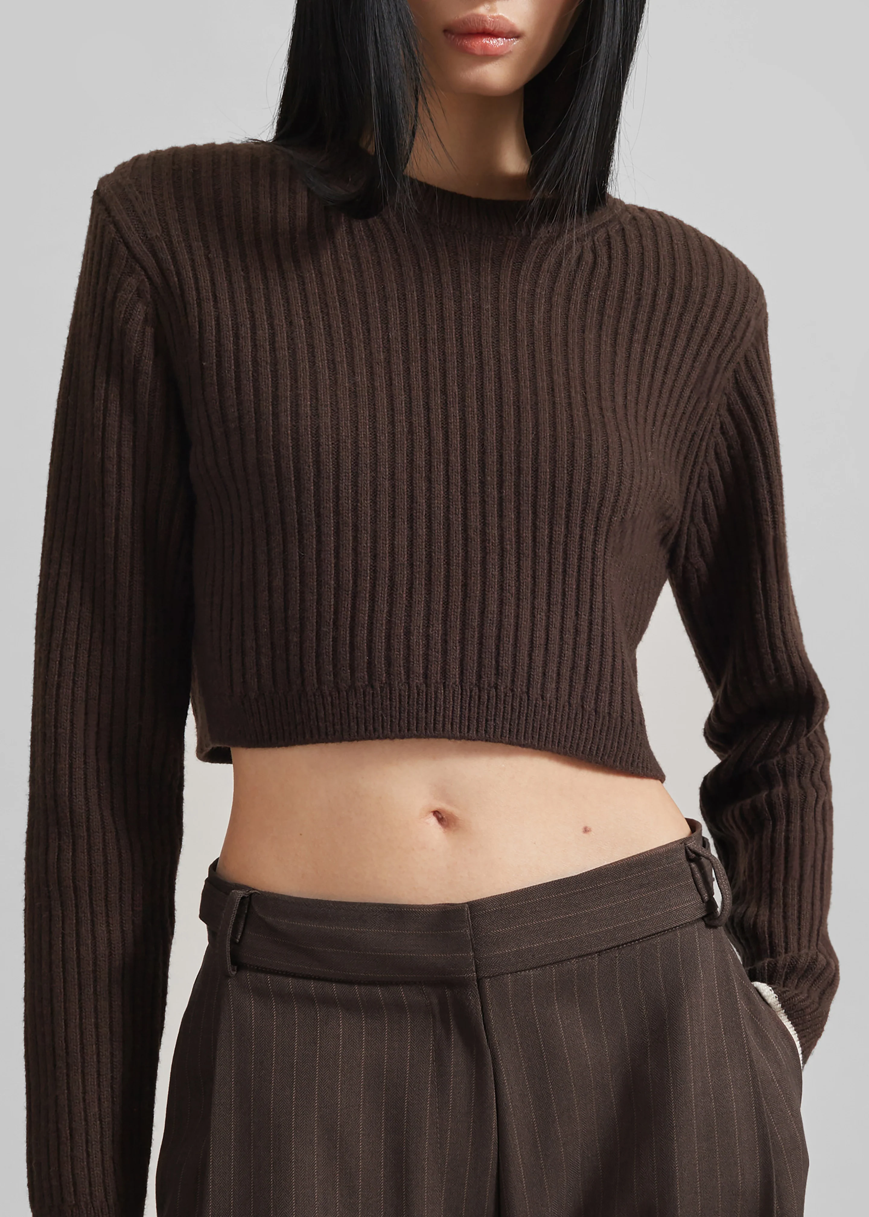 Ritsem Cropped Ribbed Wool Sweater - Dark Brown - Image 3