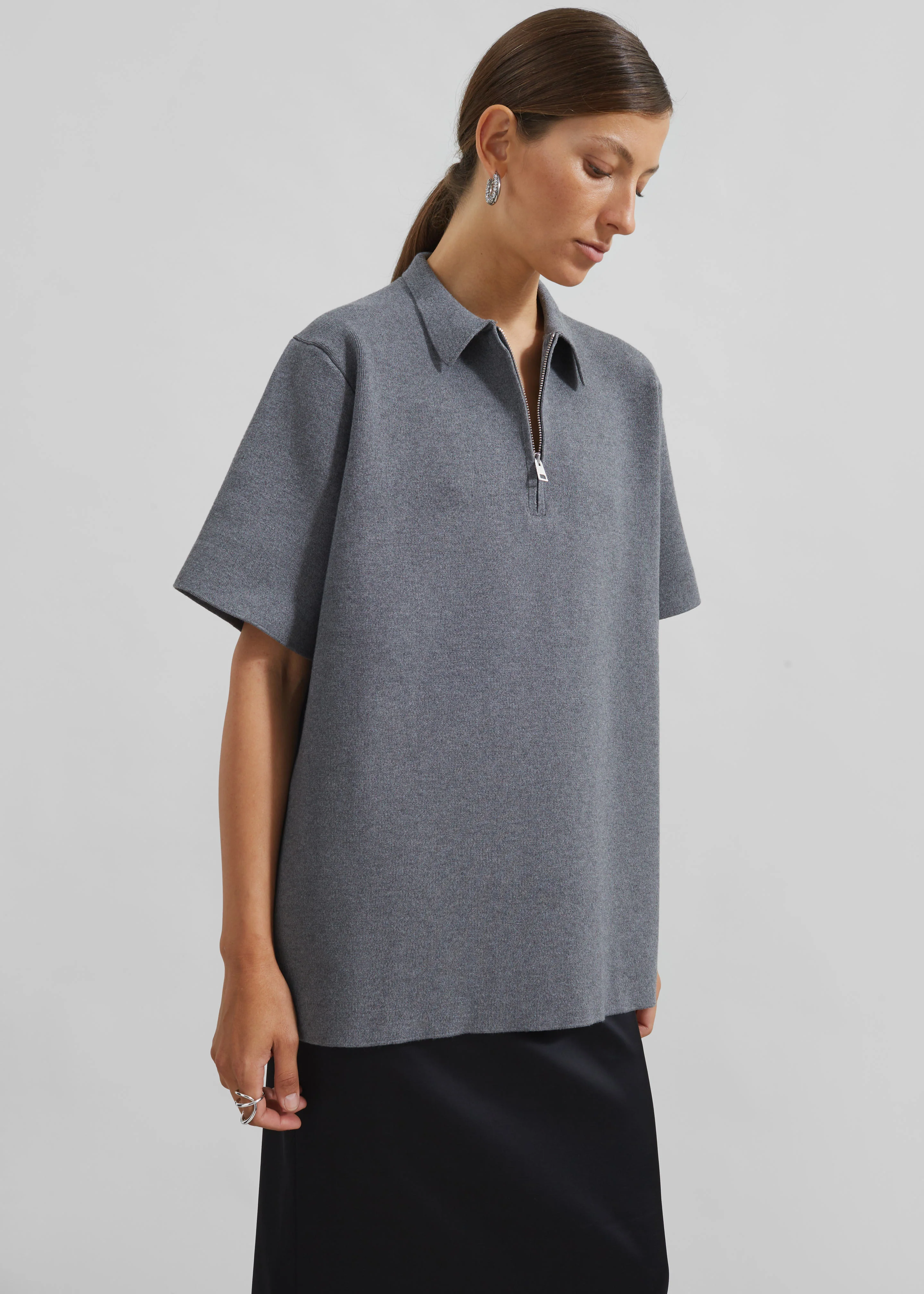 Riya Zip-Up Polo - Grey - Image 3