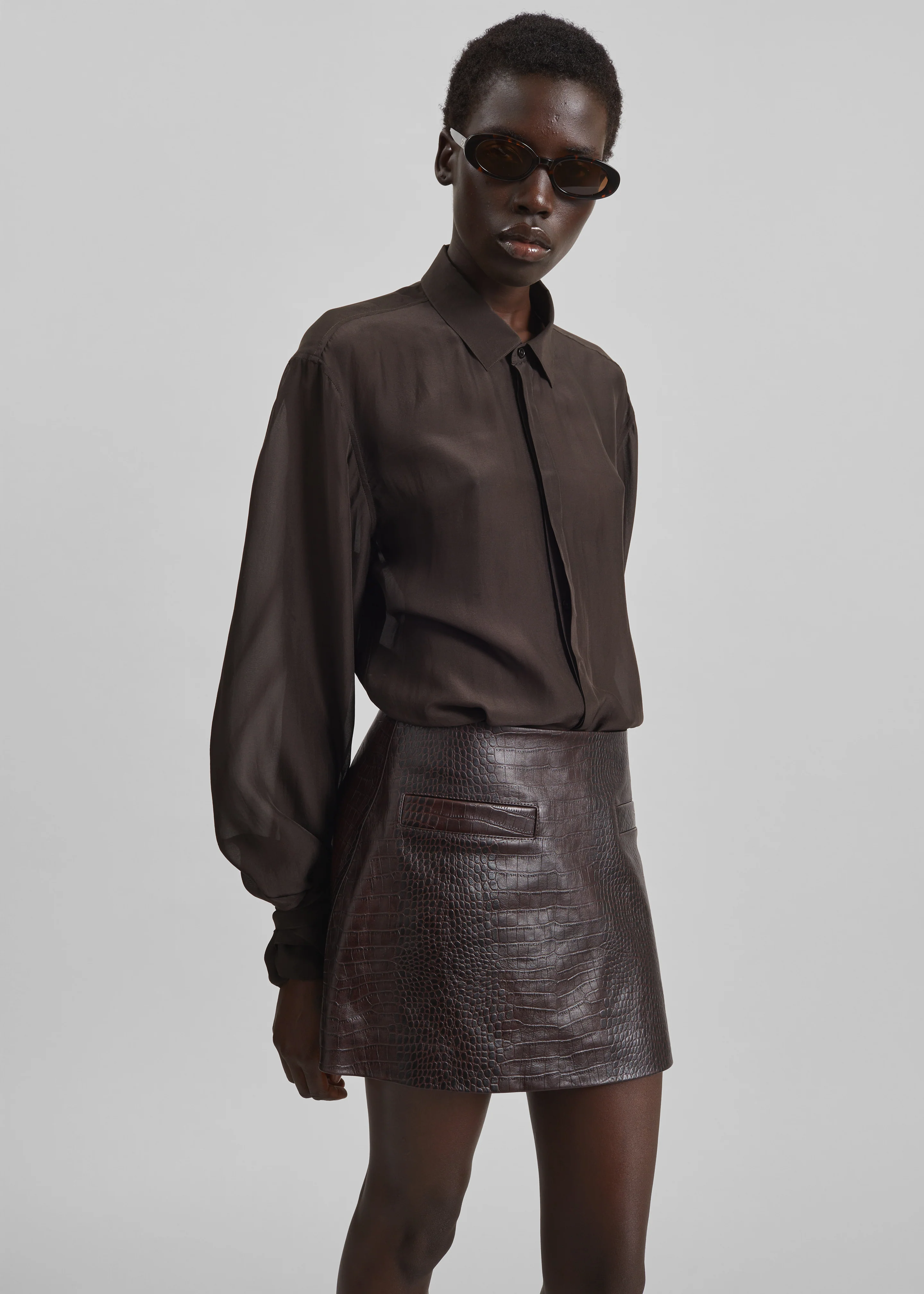 Rory Croc Leather Mini Skirt - Dark Brown - Image 6