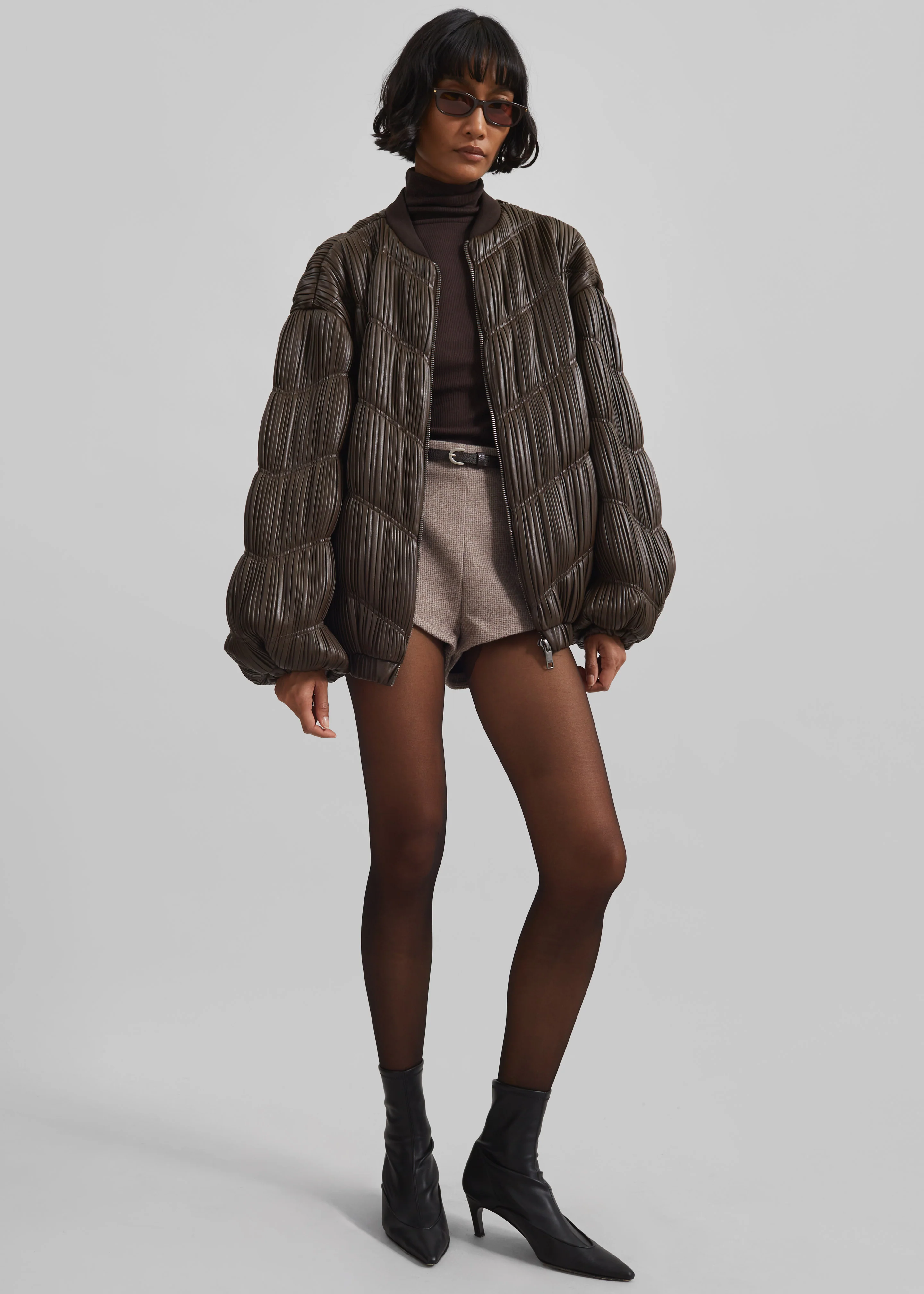 Rotate Pleated Bomber Jacket - Chocolate Brown - Image 3