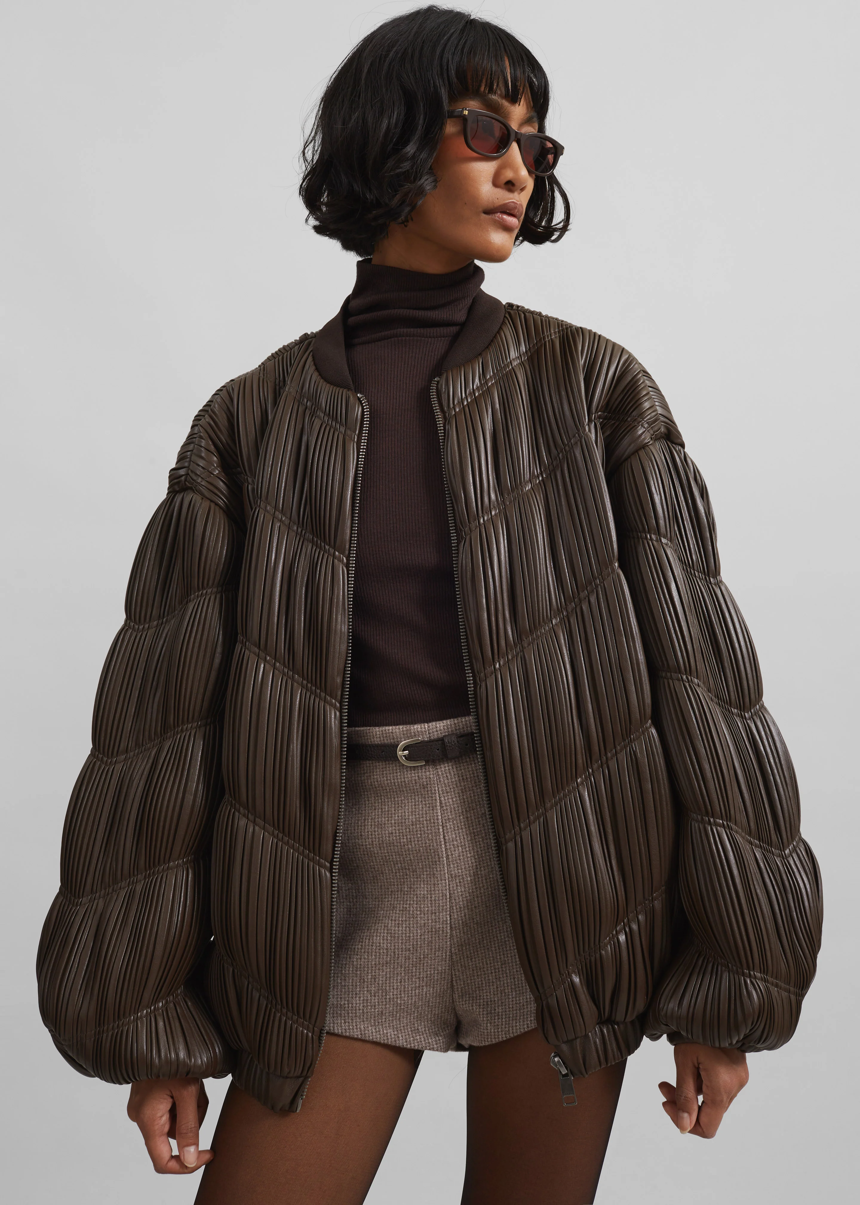 Rotate Pleated Bomber Jacket - Chocolate Brown - Image 4