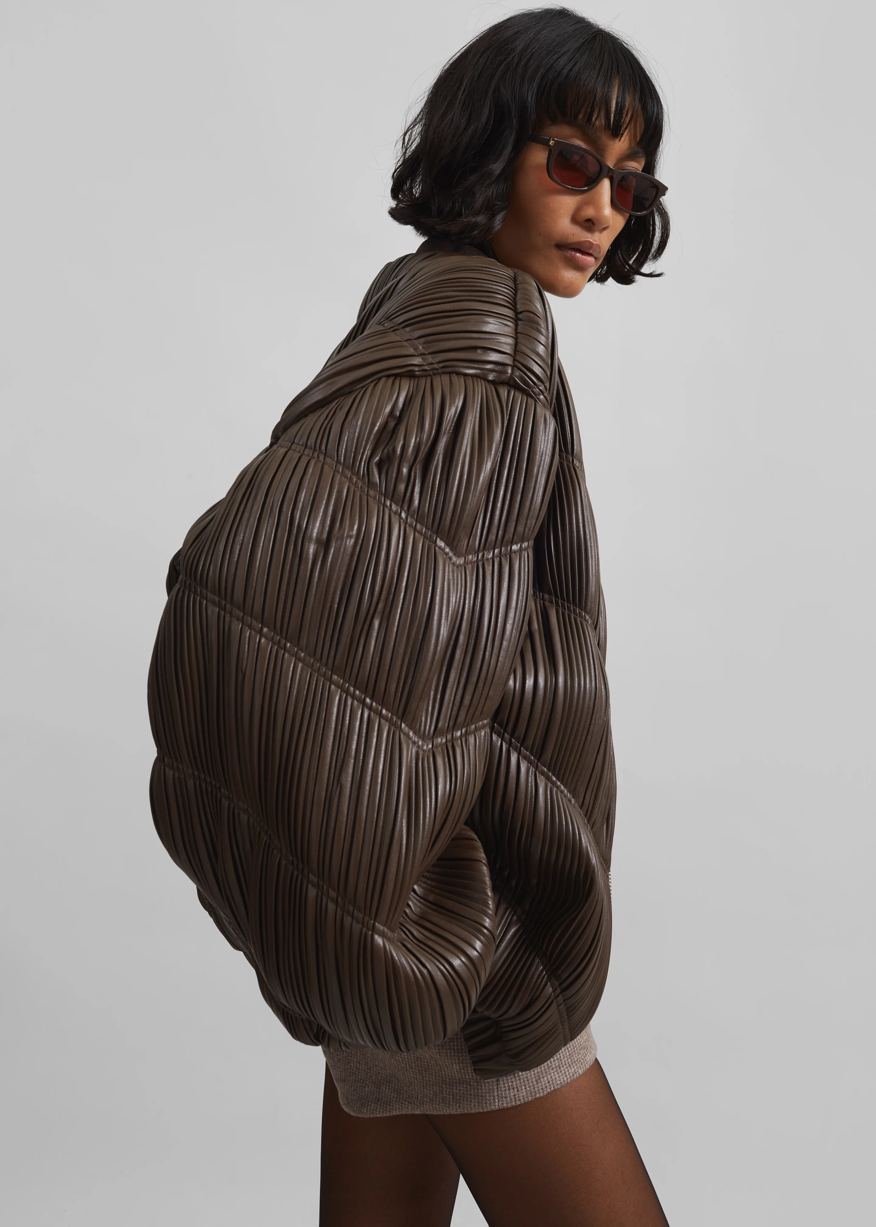 Rotate Pleated Bomber Jacket - Chocolate Brown - Image 5