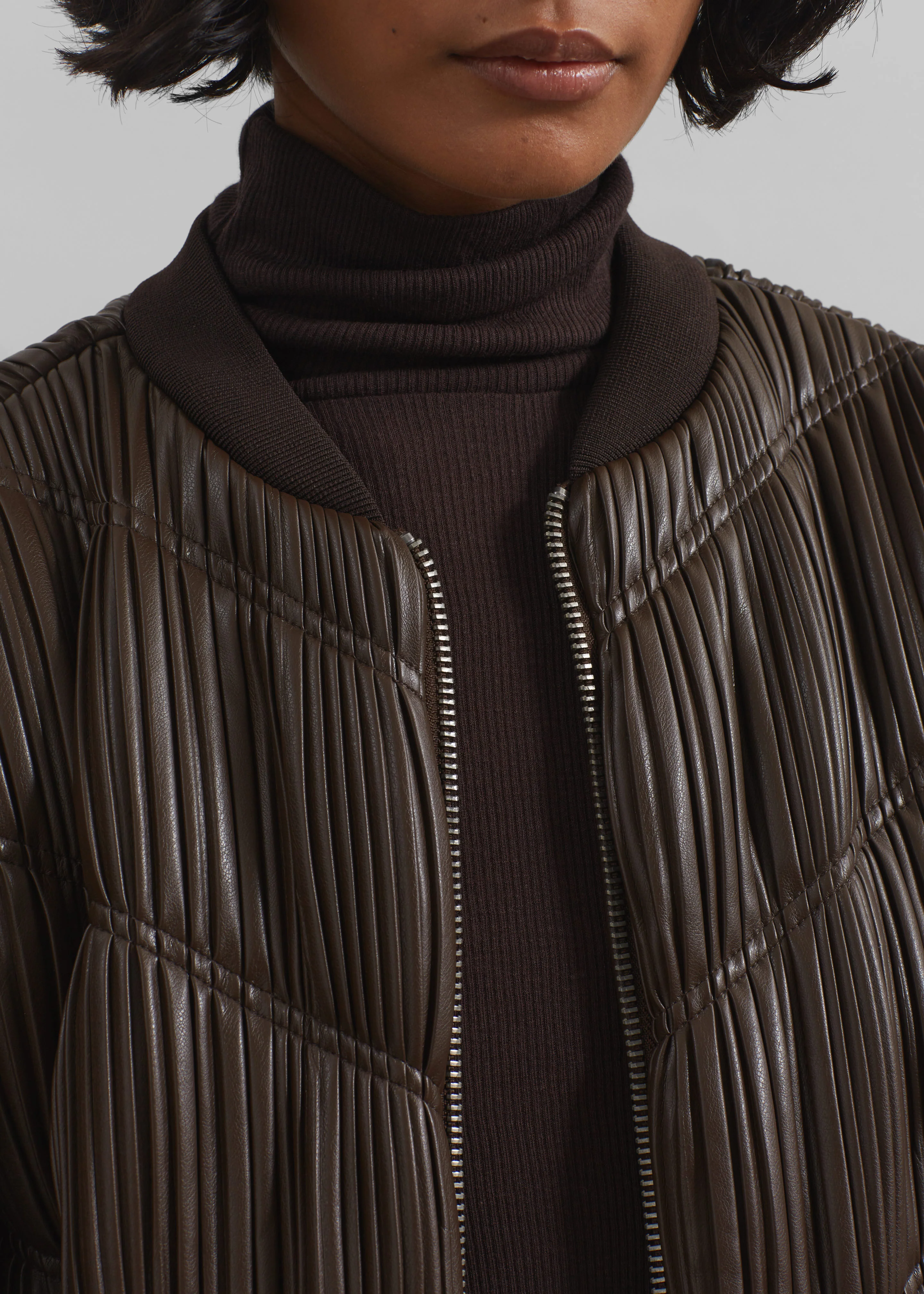 Rotate Pleated Bomber Jacket - Chocolate Brown - Image 6