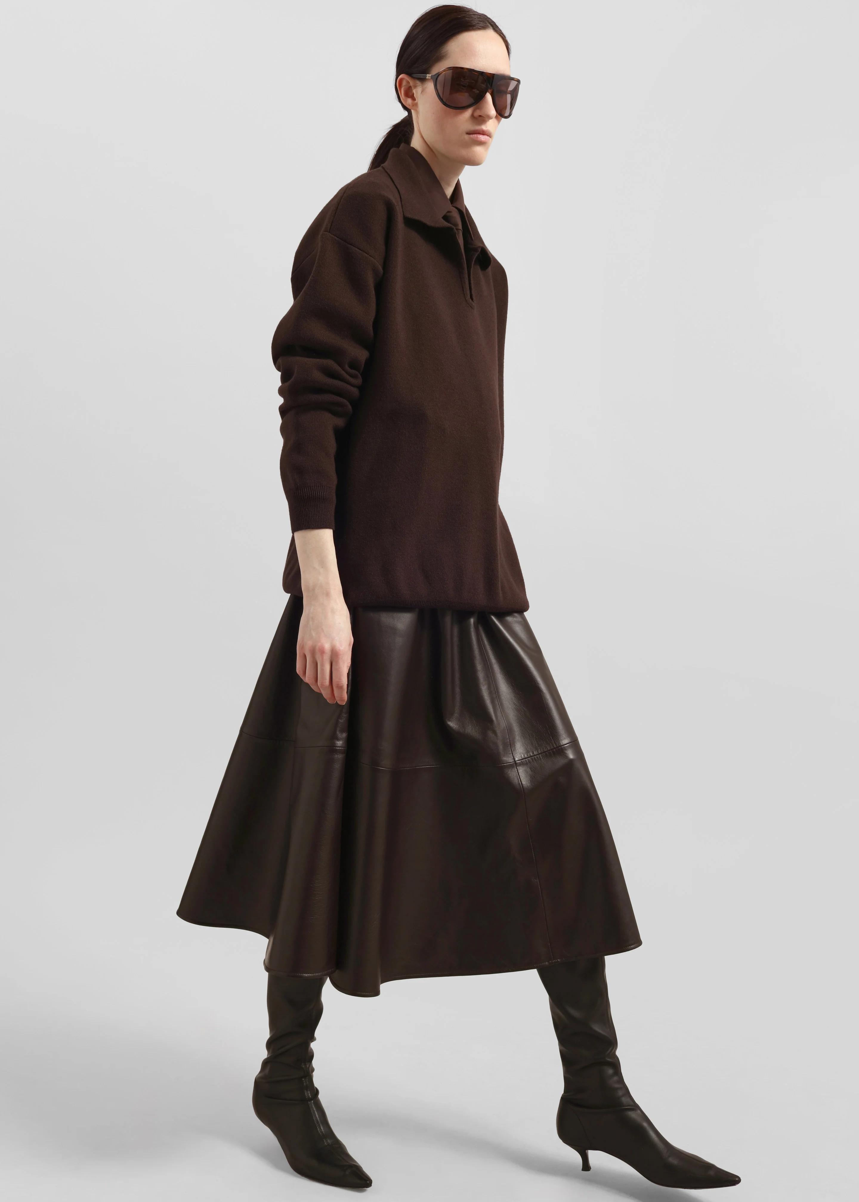 Savil Leather Midi Skirt - Dark Brown - Image 4