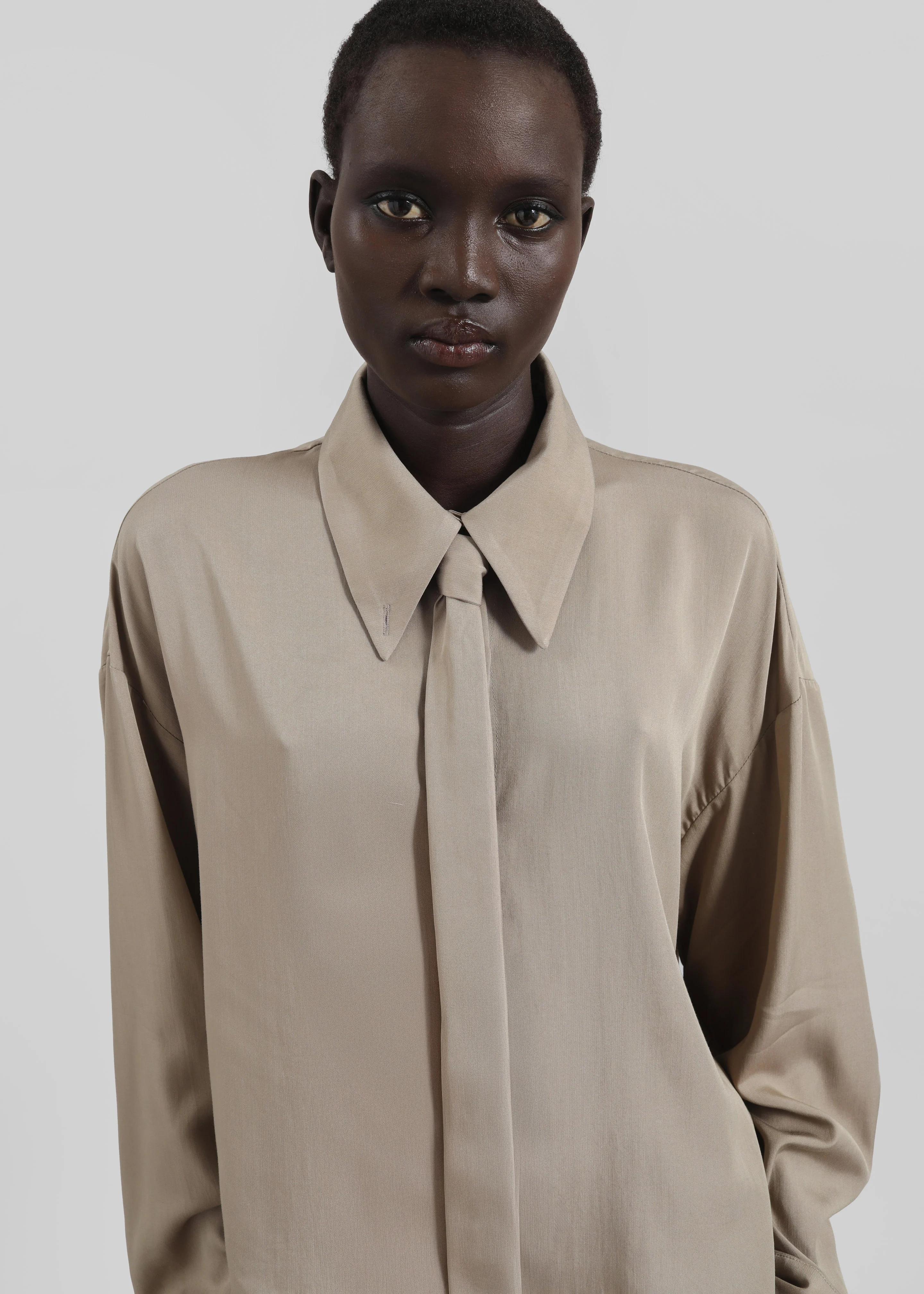 Silvan Neck Tie Shirt - Taupe - Image 4