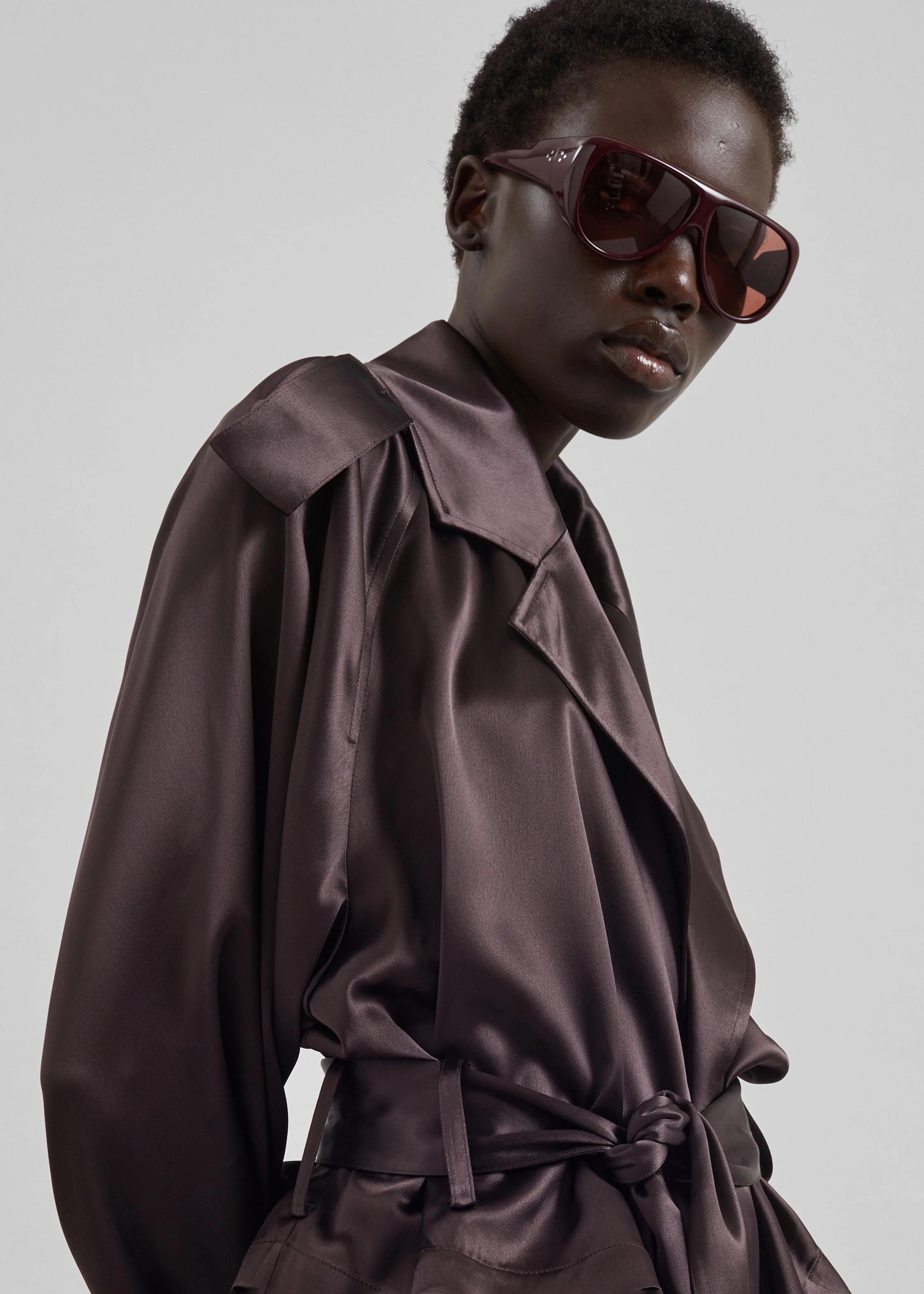 Simona Satin Short Trench - Dark Brown - Image 3