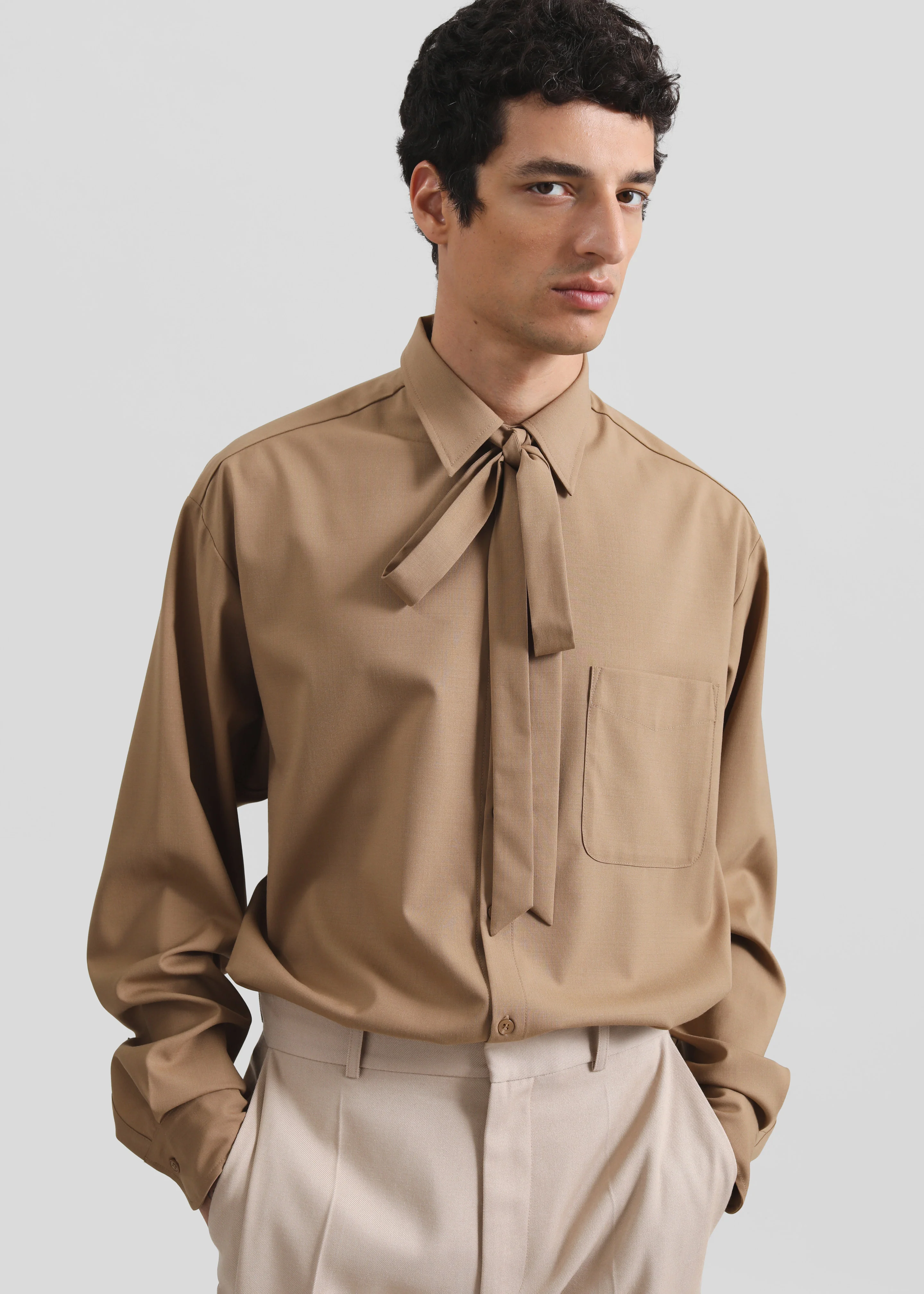 Sinclair Neck Tie Shirt - Camel - Image 7