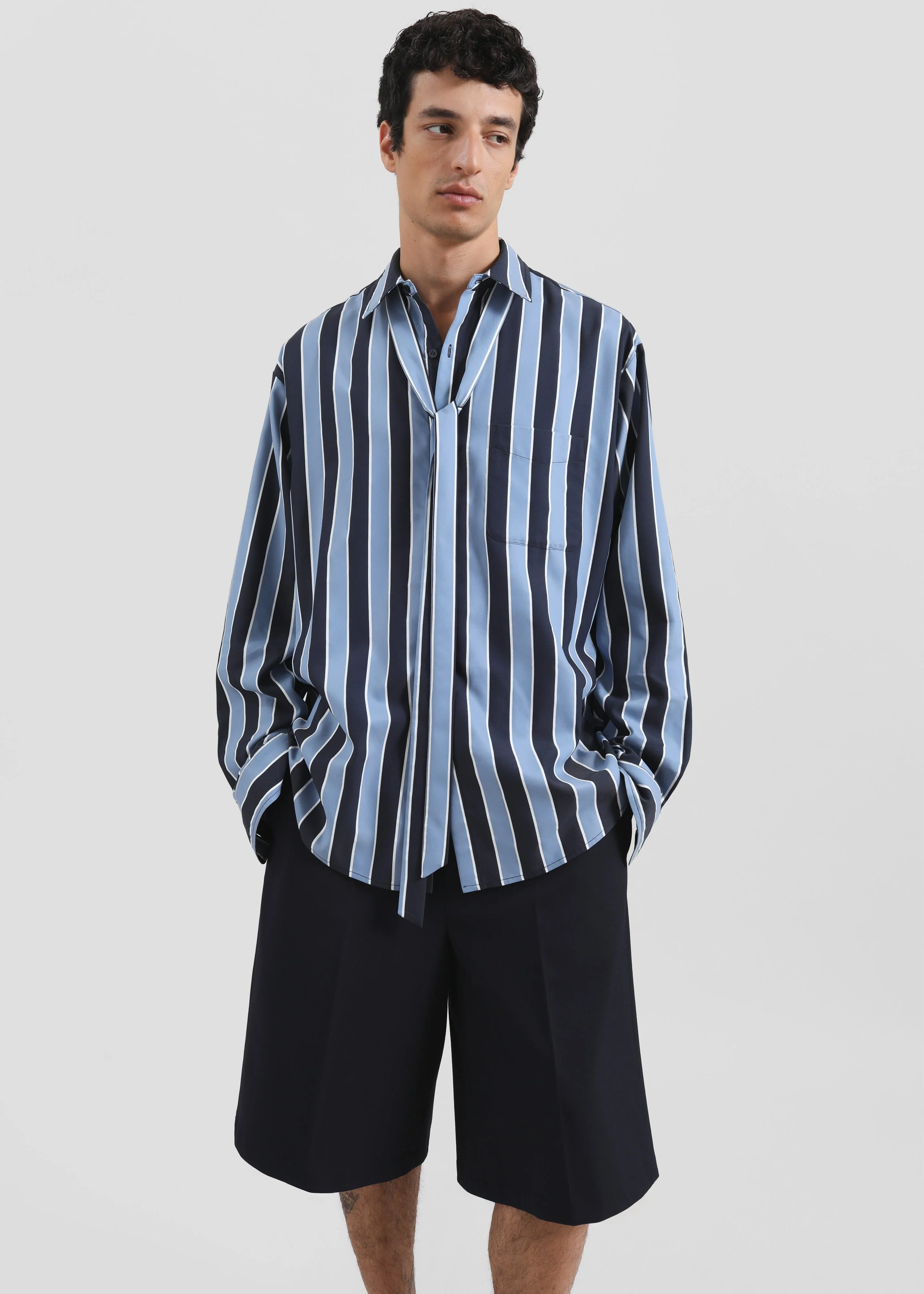 Sinclair Neck Tie Shirt - Navy Stripe - Image 6