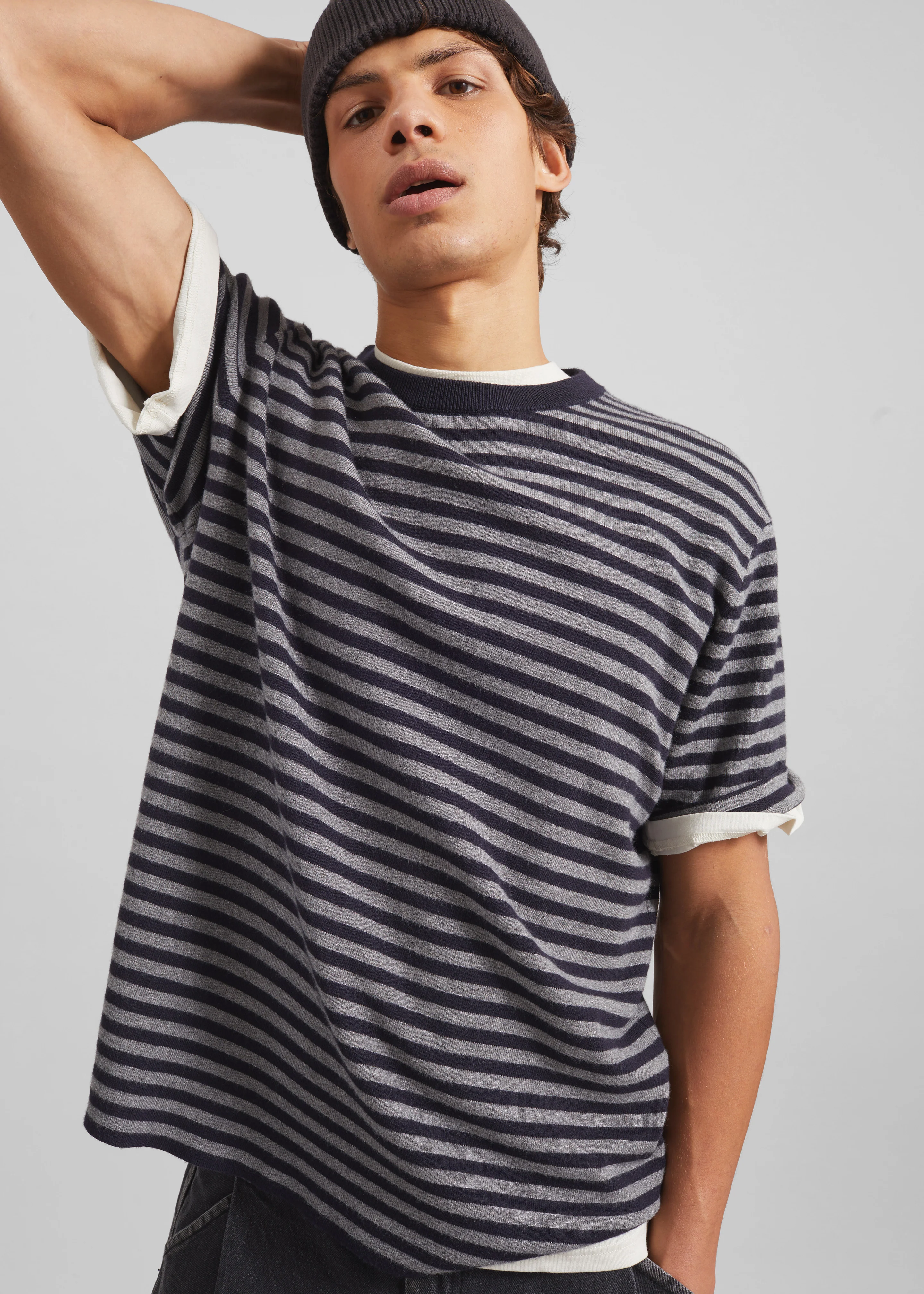 Stanmore Knit T-Shirt - Grey/Blue Stripe - Image 4