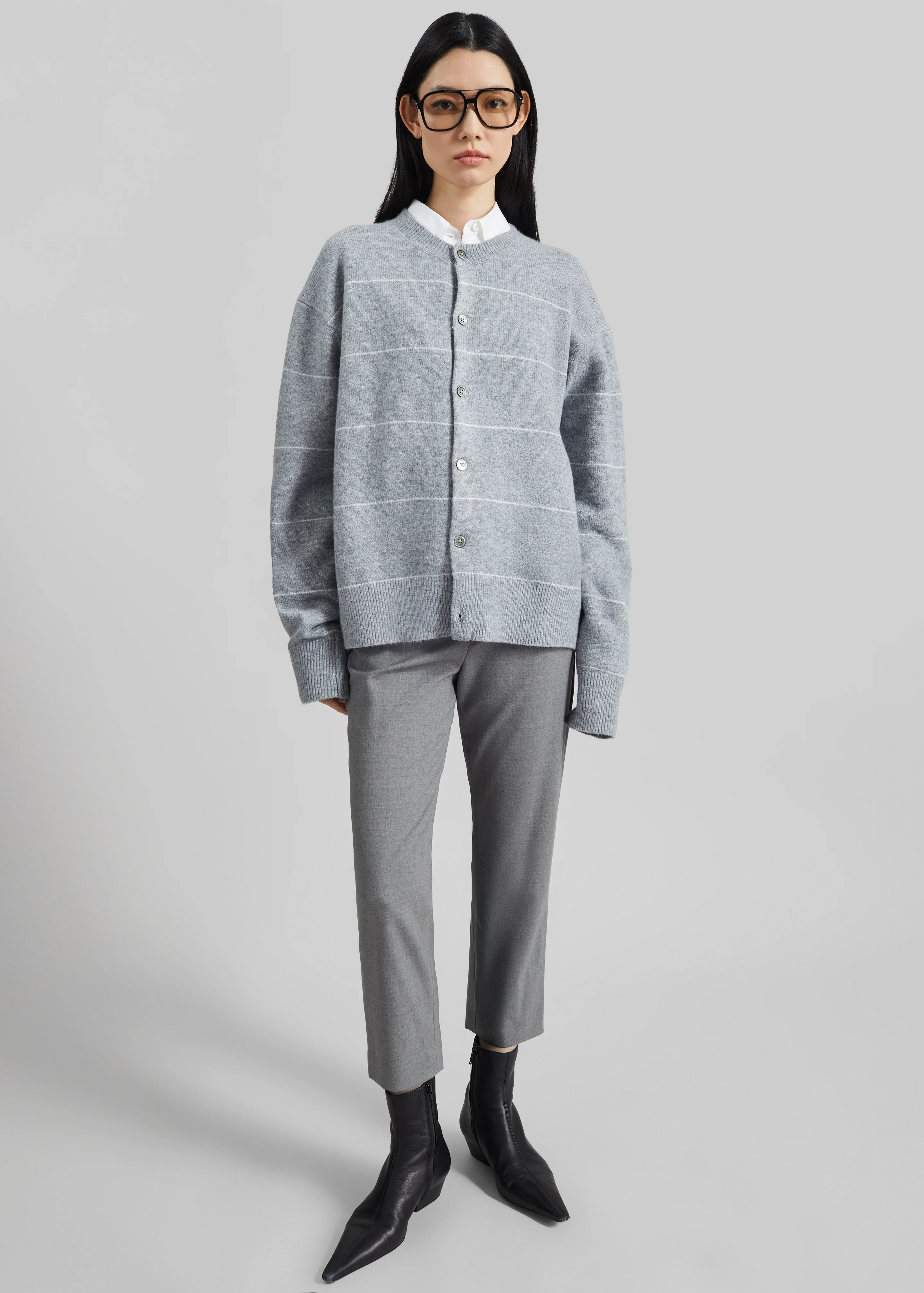 Stenvad Crewneck Cardigan - Grey/White Stripe - Image 2