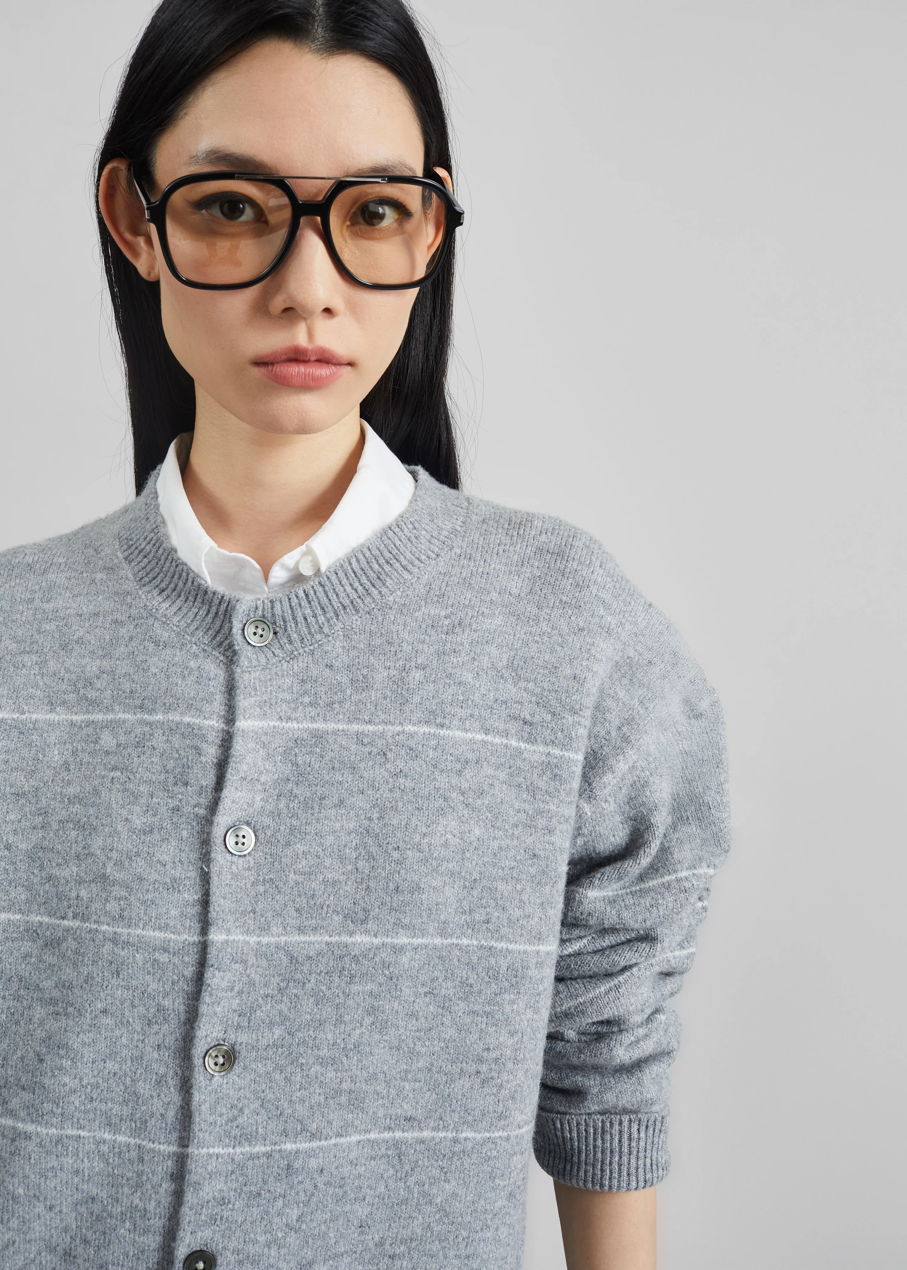 Stenvad Crewneck Cardigan - Grey/White Stripe - Image 5