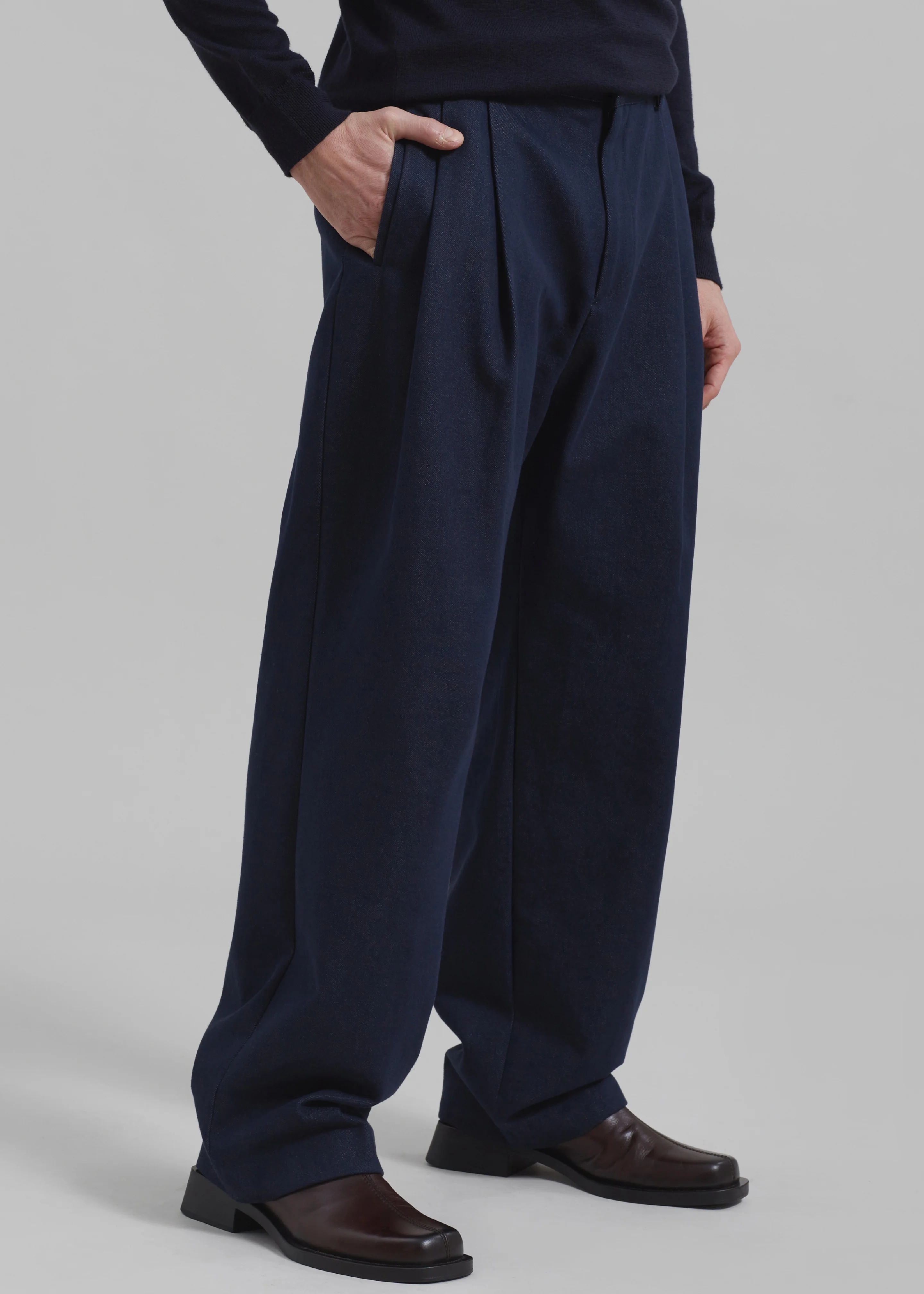 Stephen Pleated Denim Trousers - Navy - Image 5