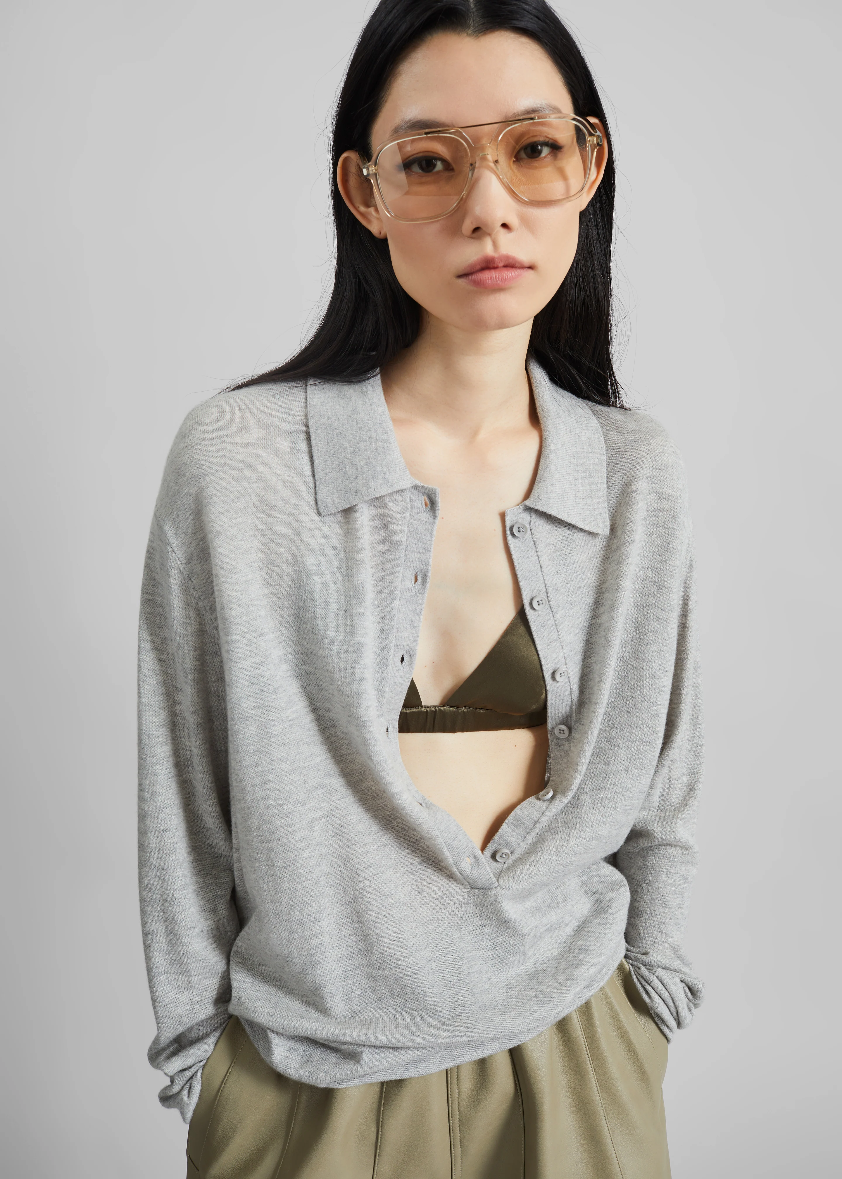 Tala Knit V-Neck Polo - Light Grey - Image 3