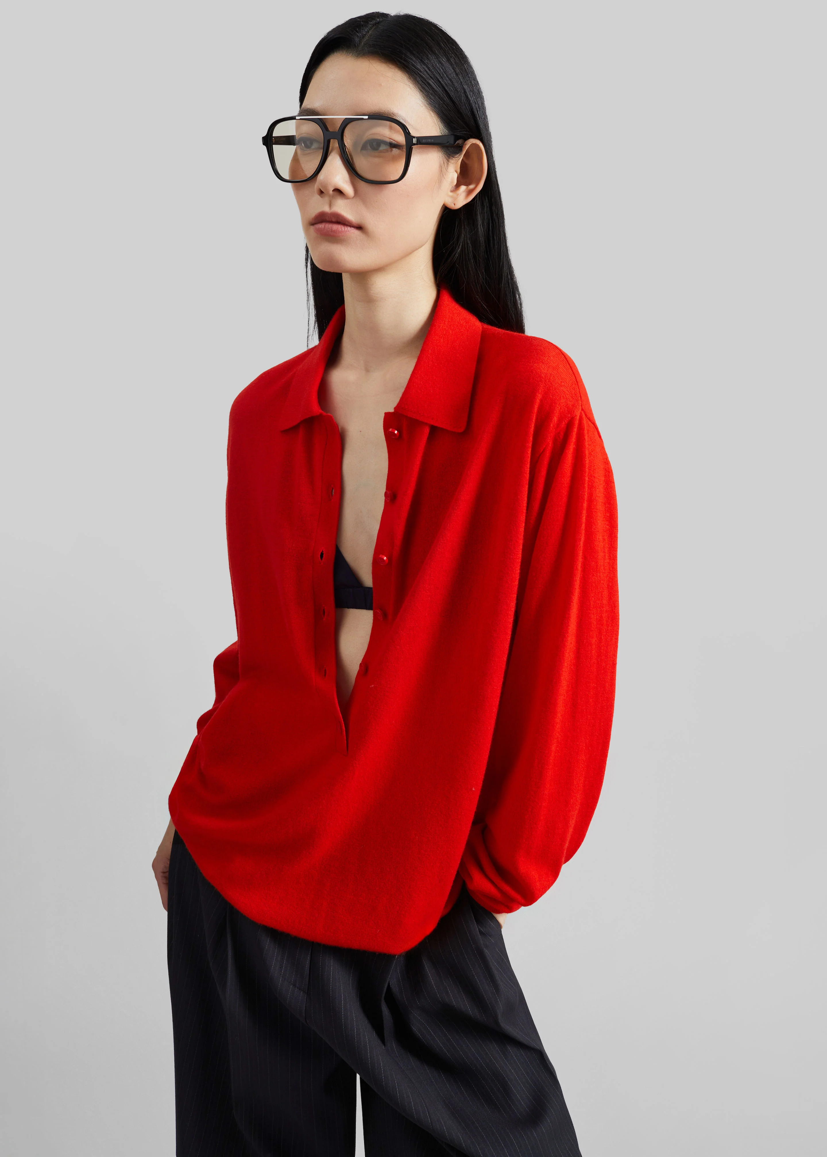 Tala Knit V-Neck Polo - Red - Image 4