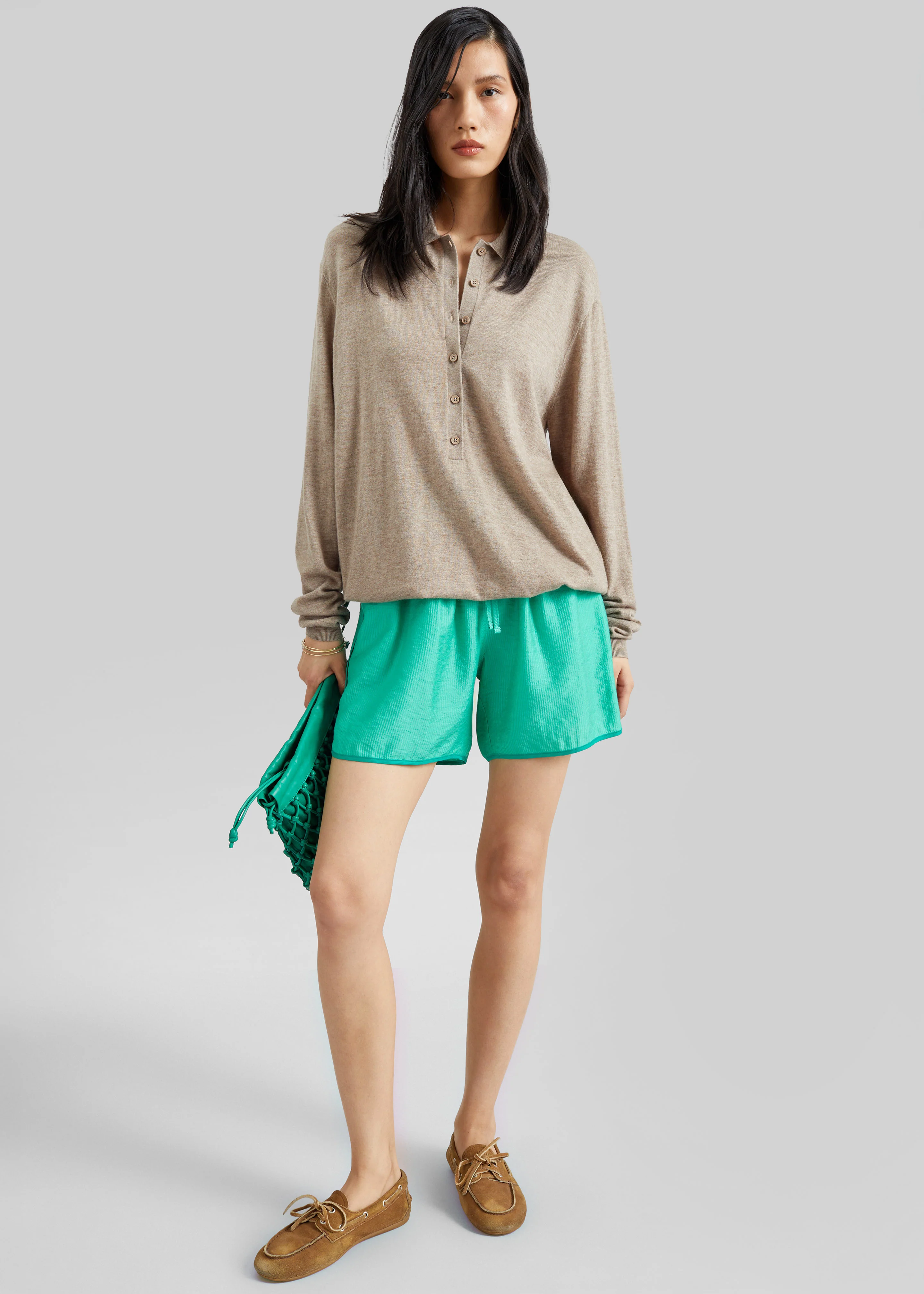 Tala Knit V-Neck Polo - Taupe Melange - Image 3