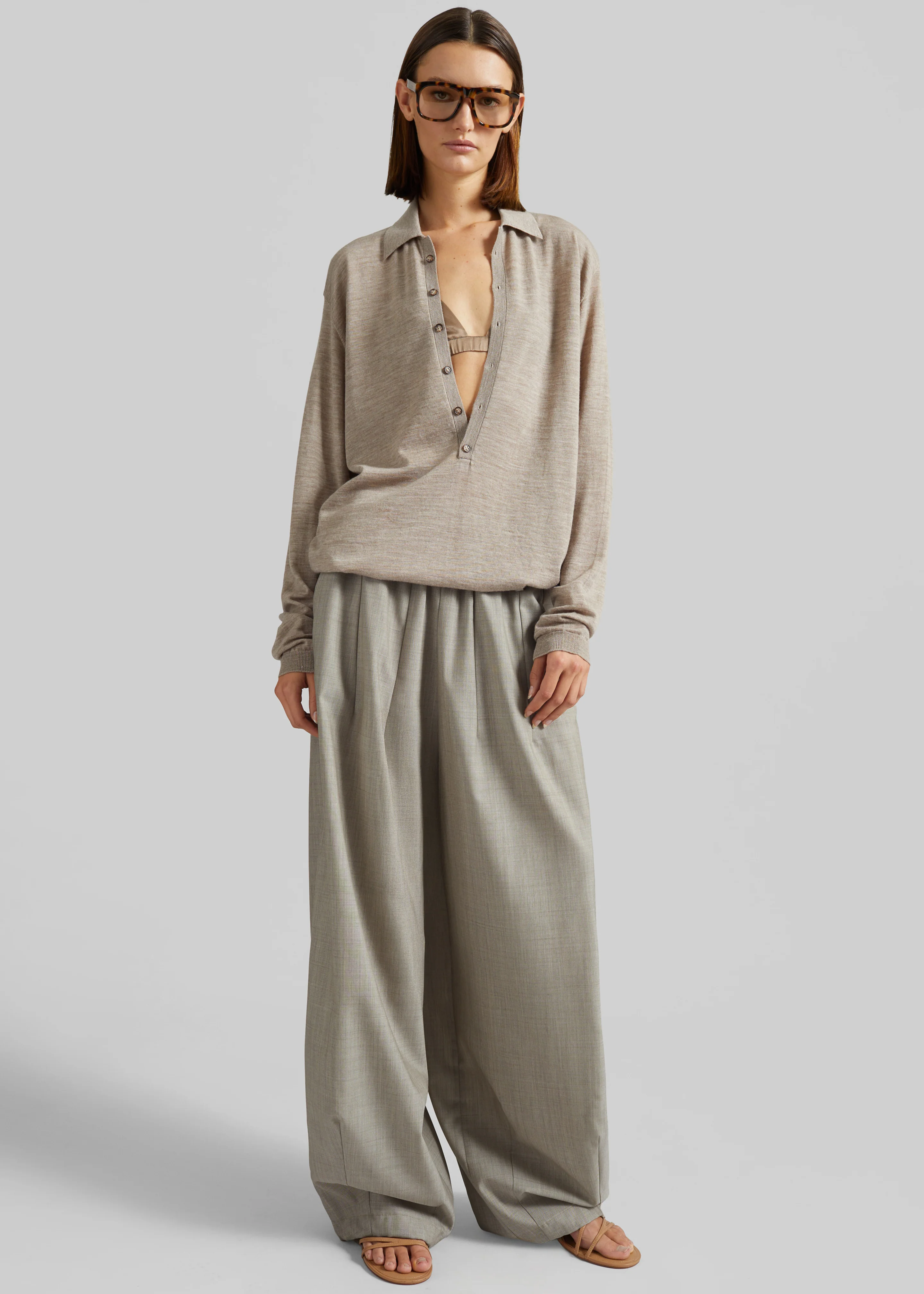 Tala Knit V-Neck Polo - Taupe Melange - Image 4