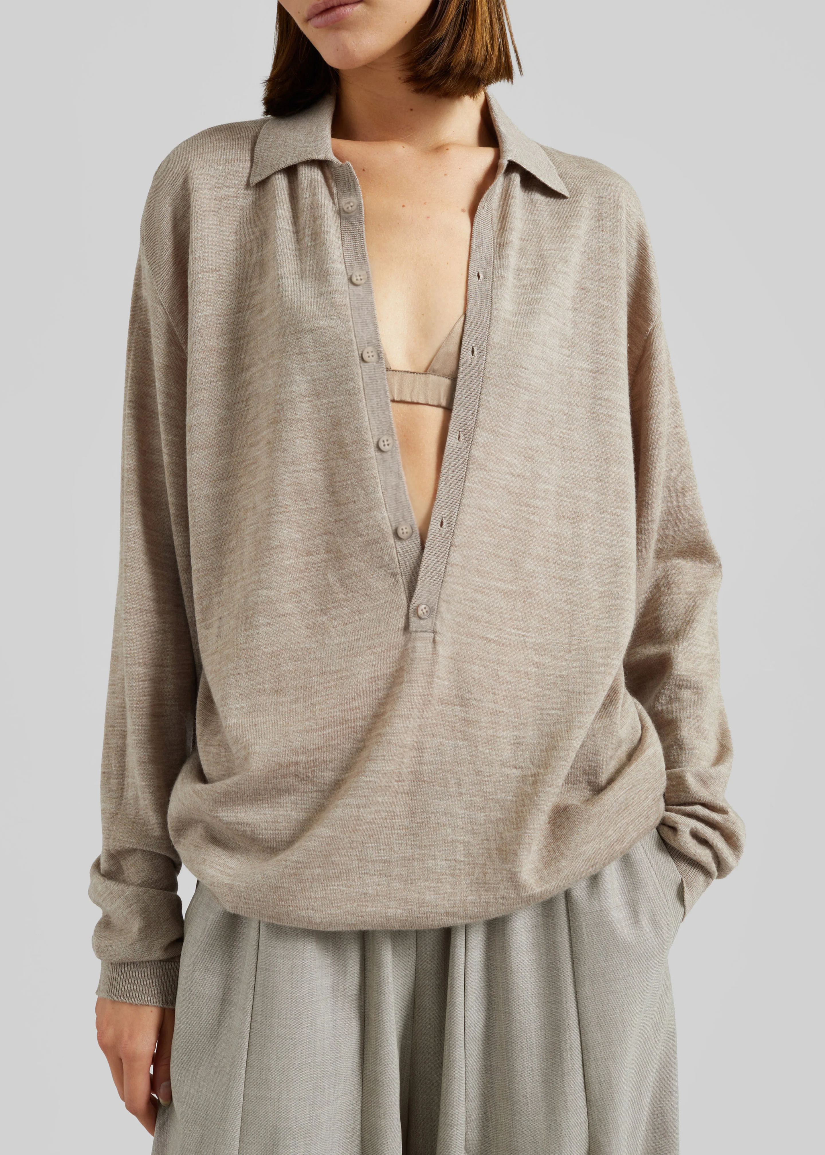 Tala Knit V-Neck Polo - Taupe Melange - Image 5