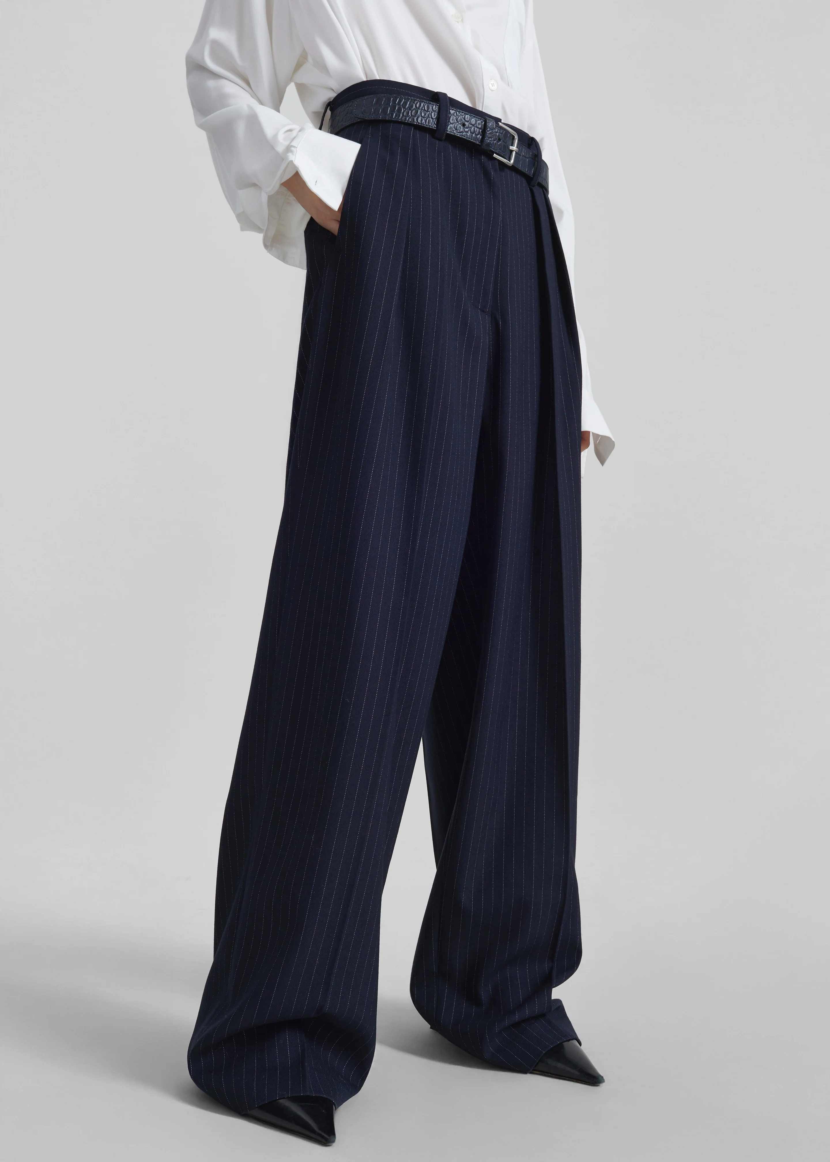 Tansy Pleated Trousers - Navy Pinstripe - Image 11