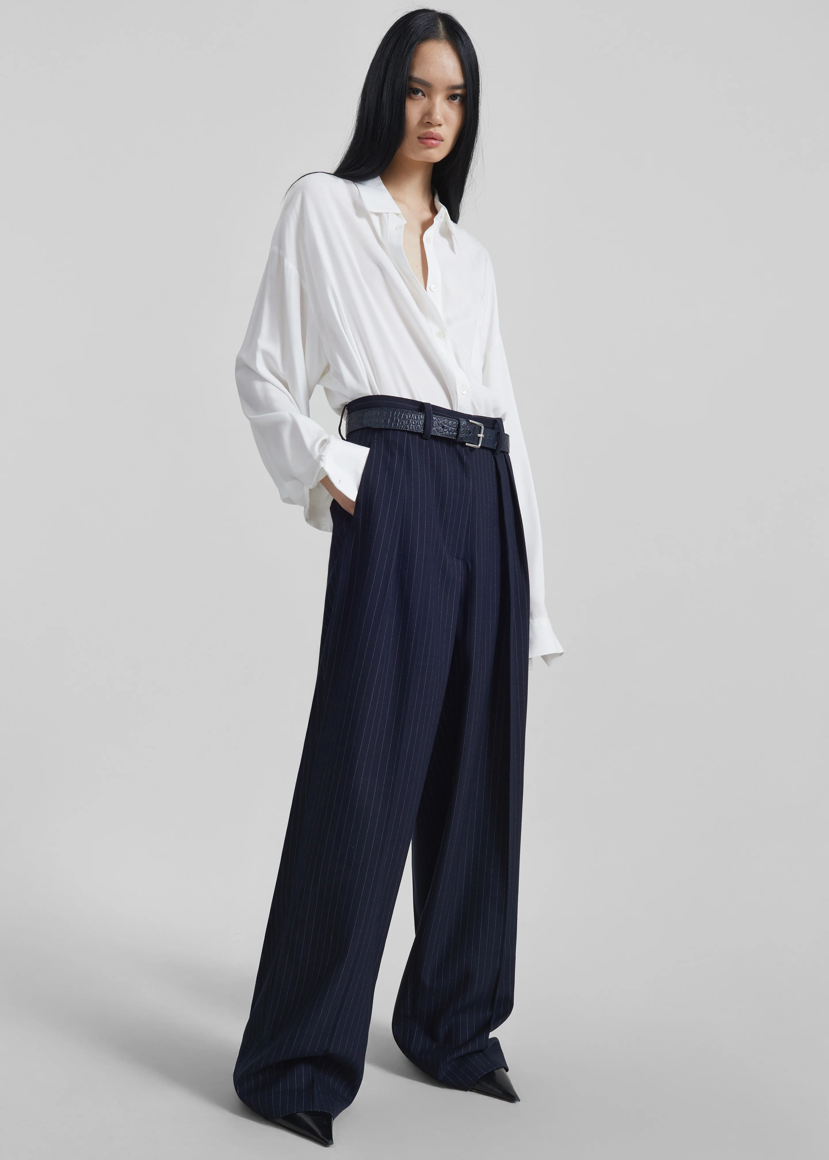 Tansy Pleated Trousers - Navy Pinstripe - Image 4