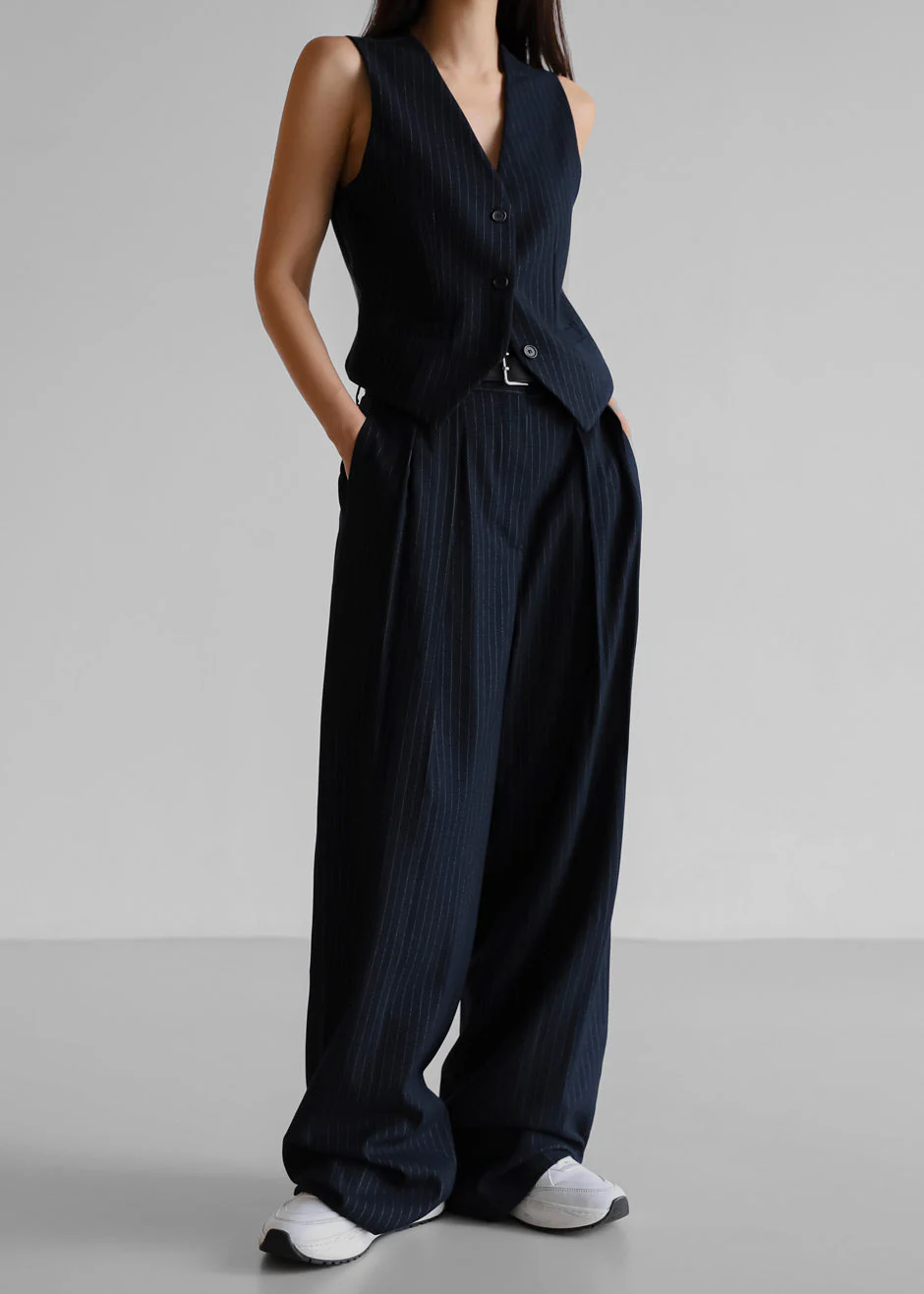Tansy Pleated Trousers - Navy Pinstripe - Image 5