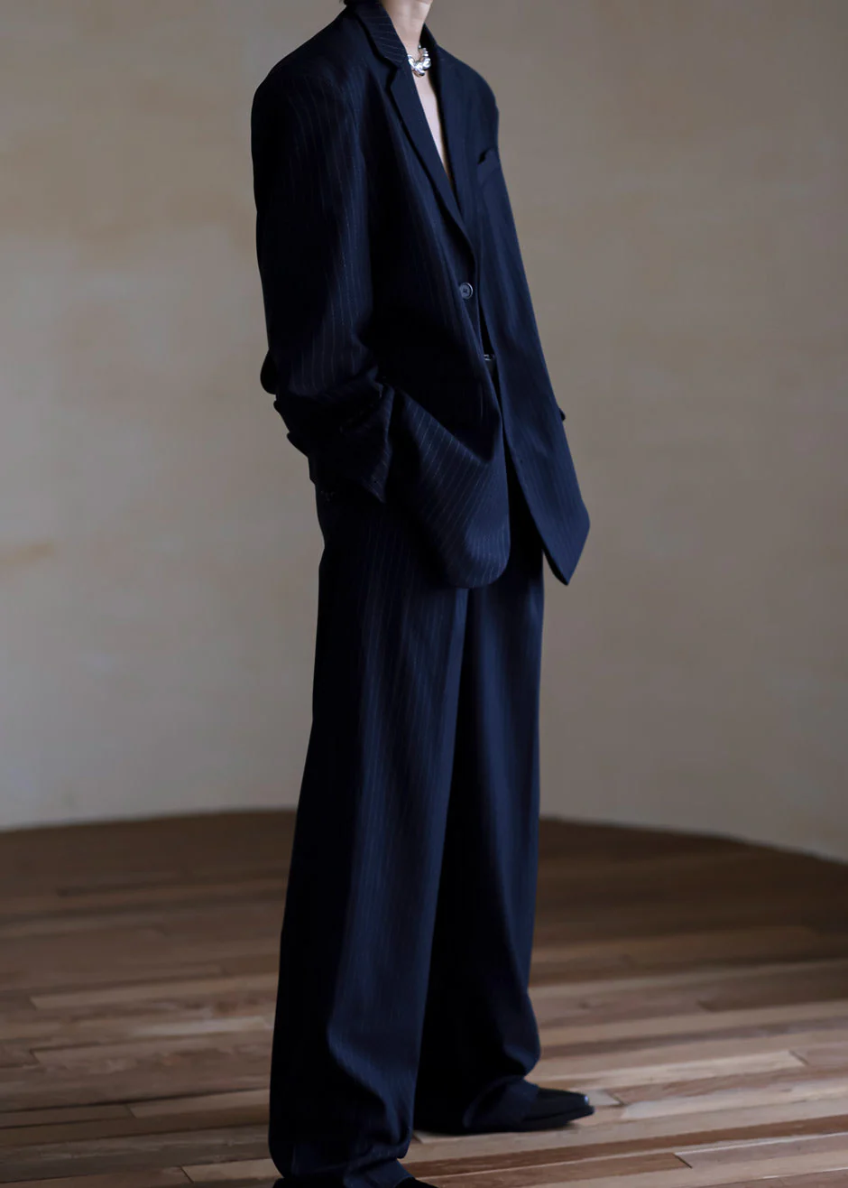 Tansy Pleated Trousers - Navy Pinstripe - Image 7