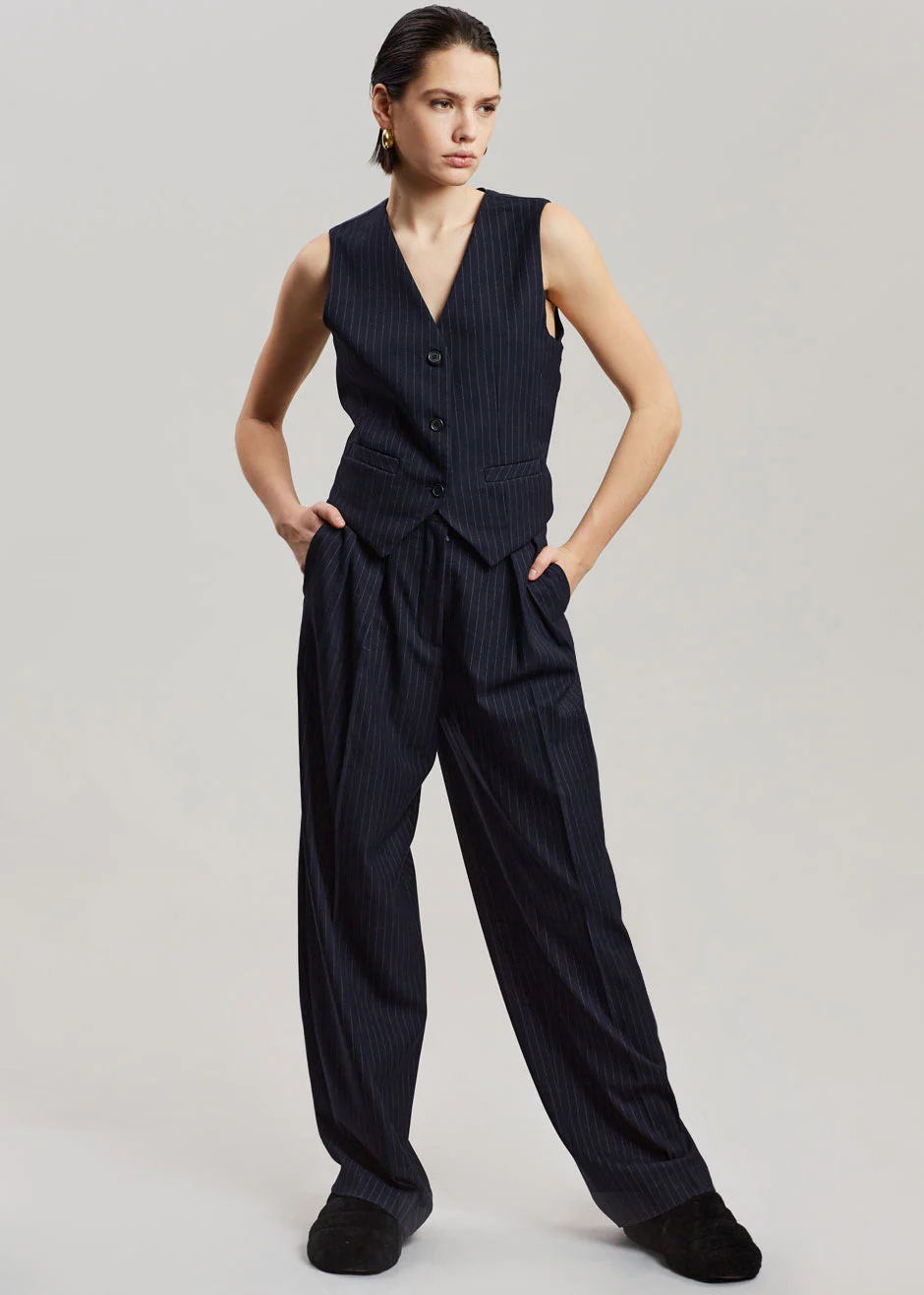 Tansy Pleated Trousers - Navy Pinstripe - Image 8