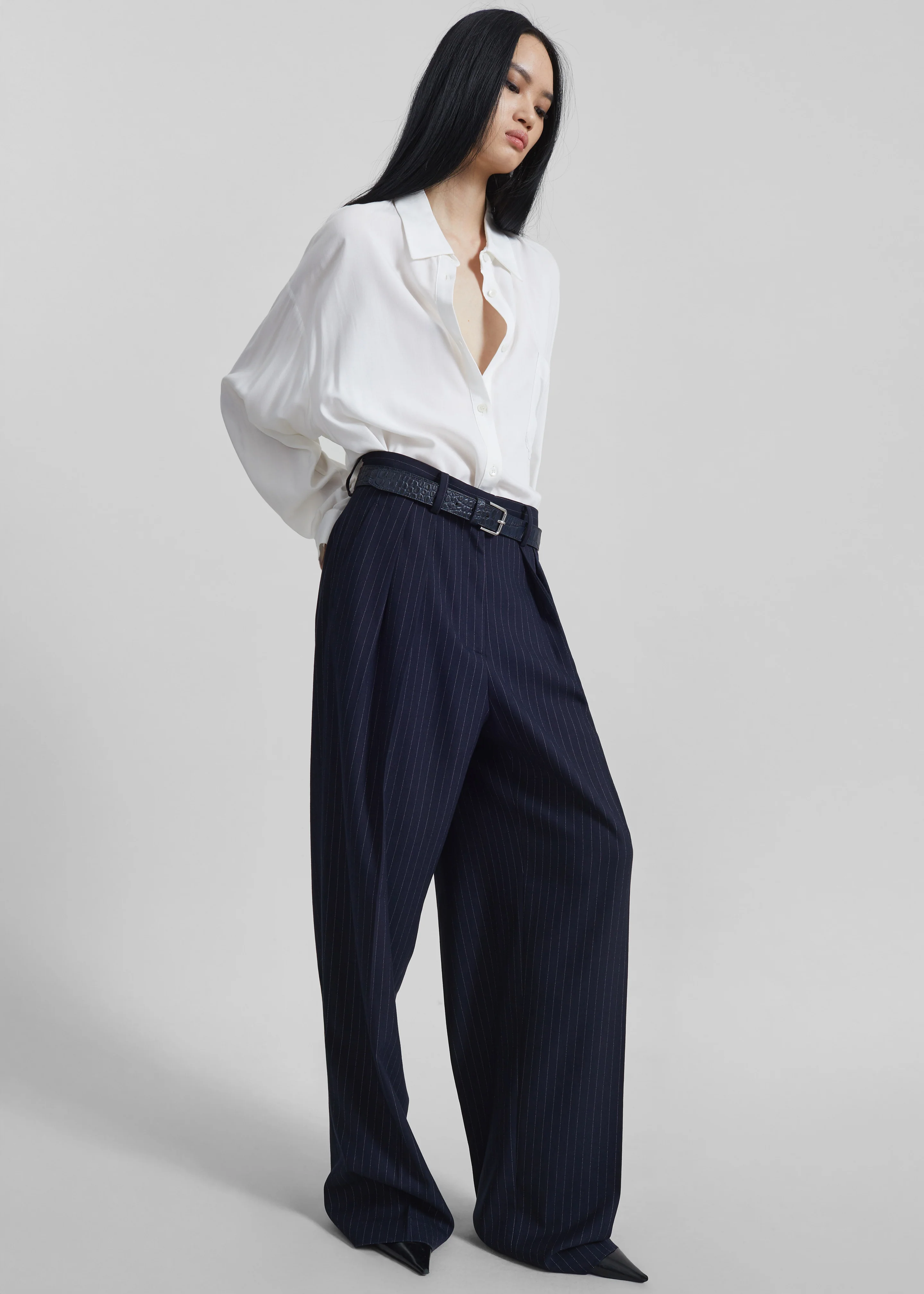 Tansy Pleated Trousers - Navy Pinstripe - Image 9