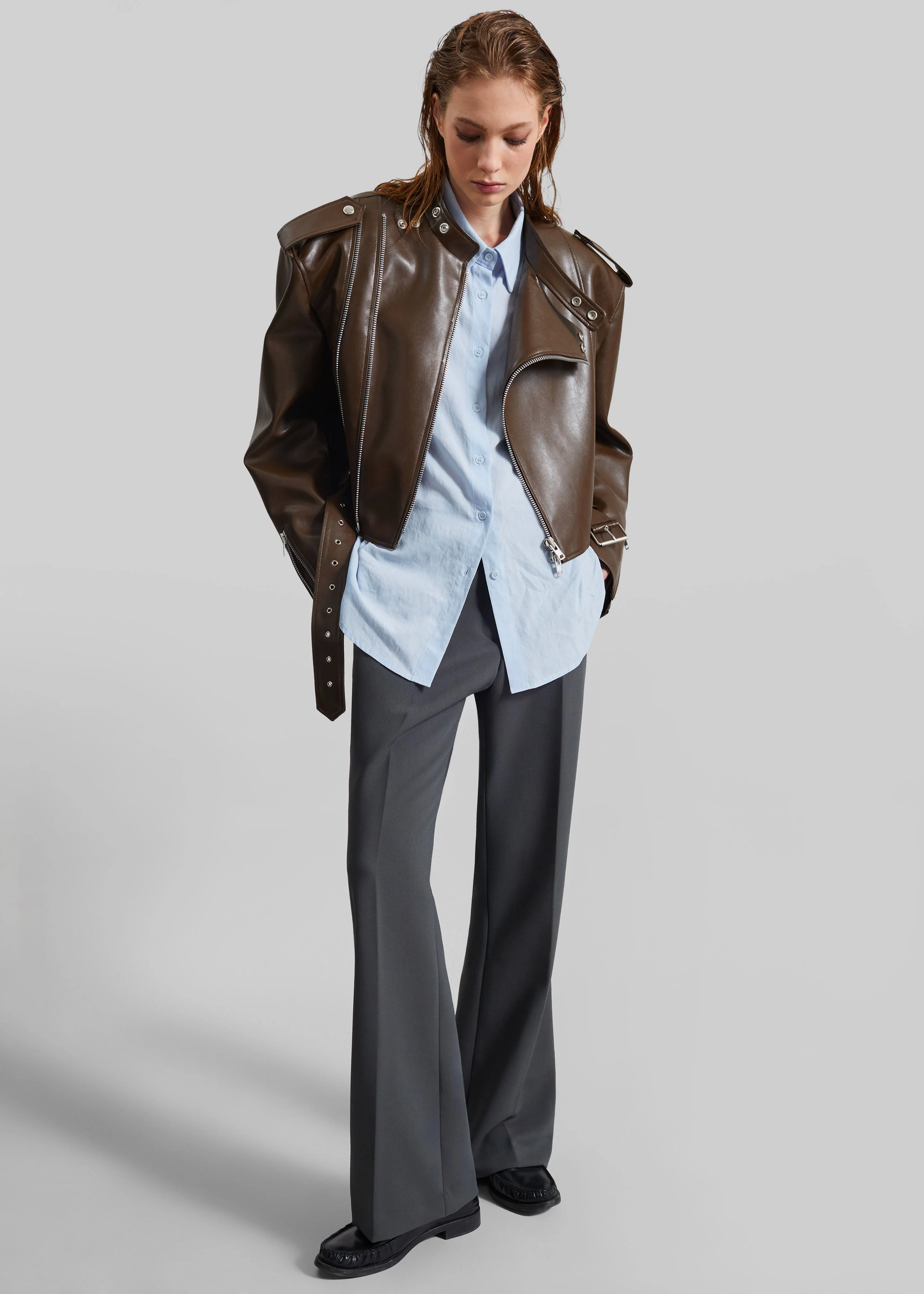 Teagan Boxy Faux Leather Jacket - Brown - Image 3