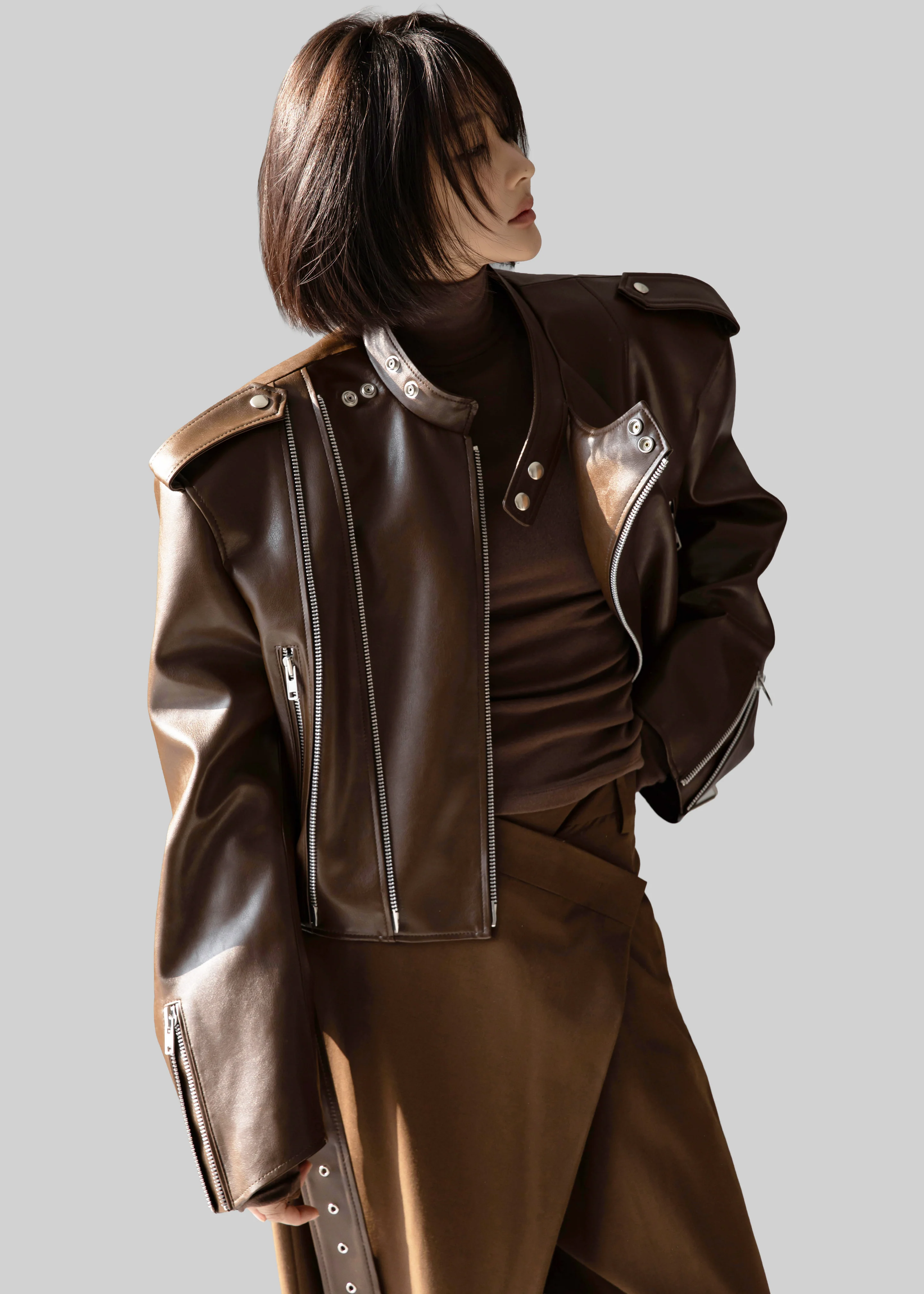 Teagan Boxy Faux Leather Jacket - Brown - Image 4