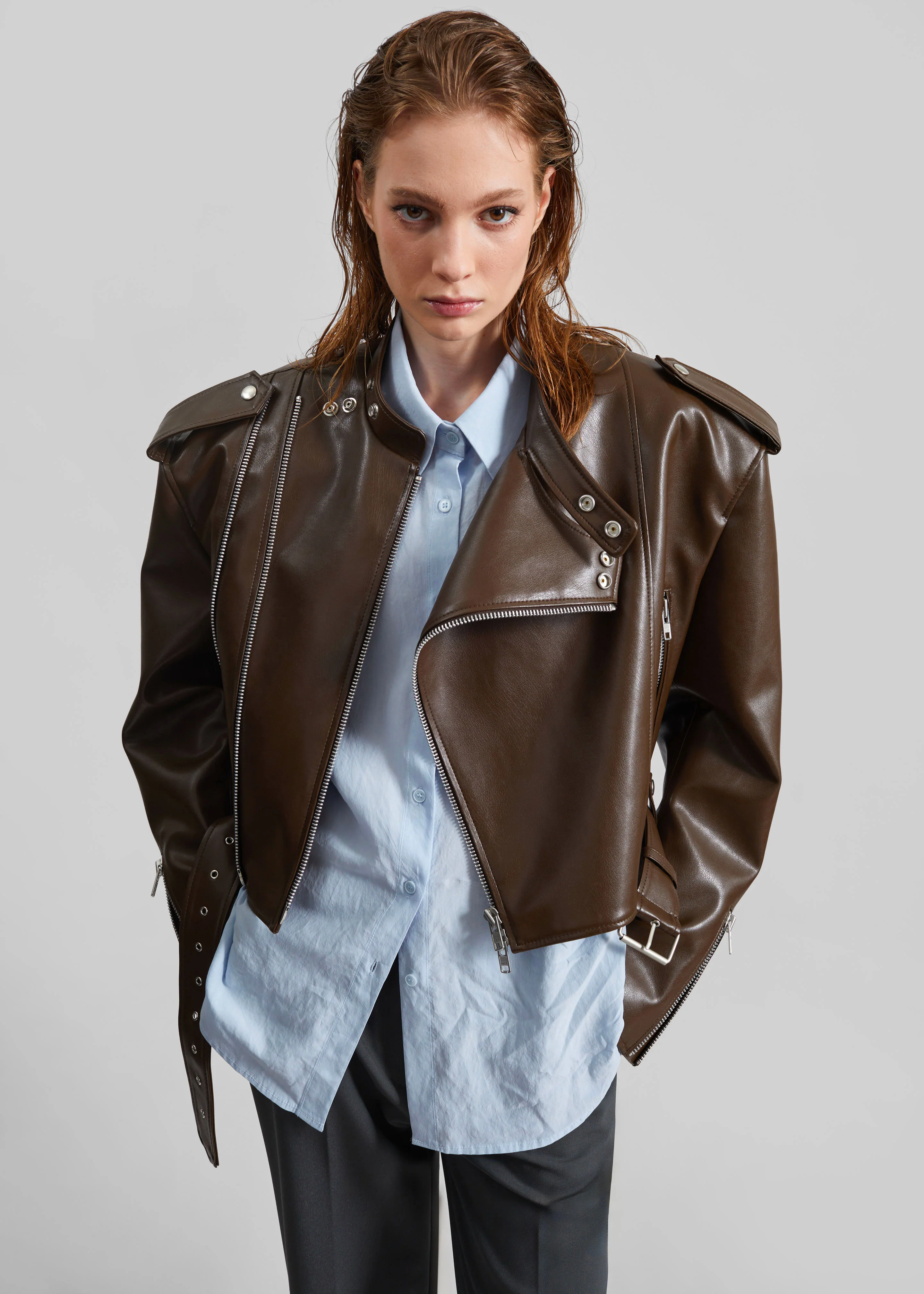 Teagan Boxy Faux Leather Jacket - Brown - Image 5