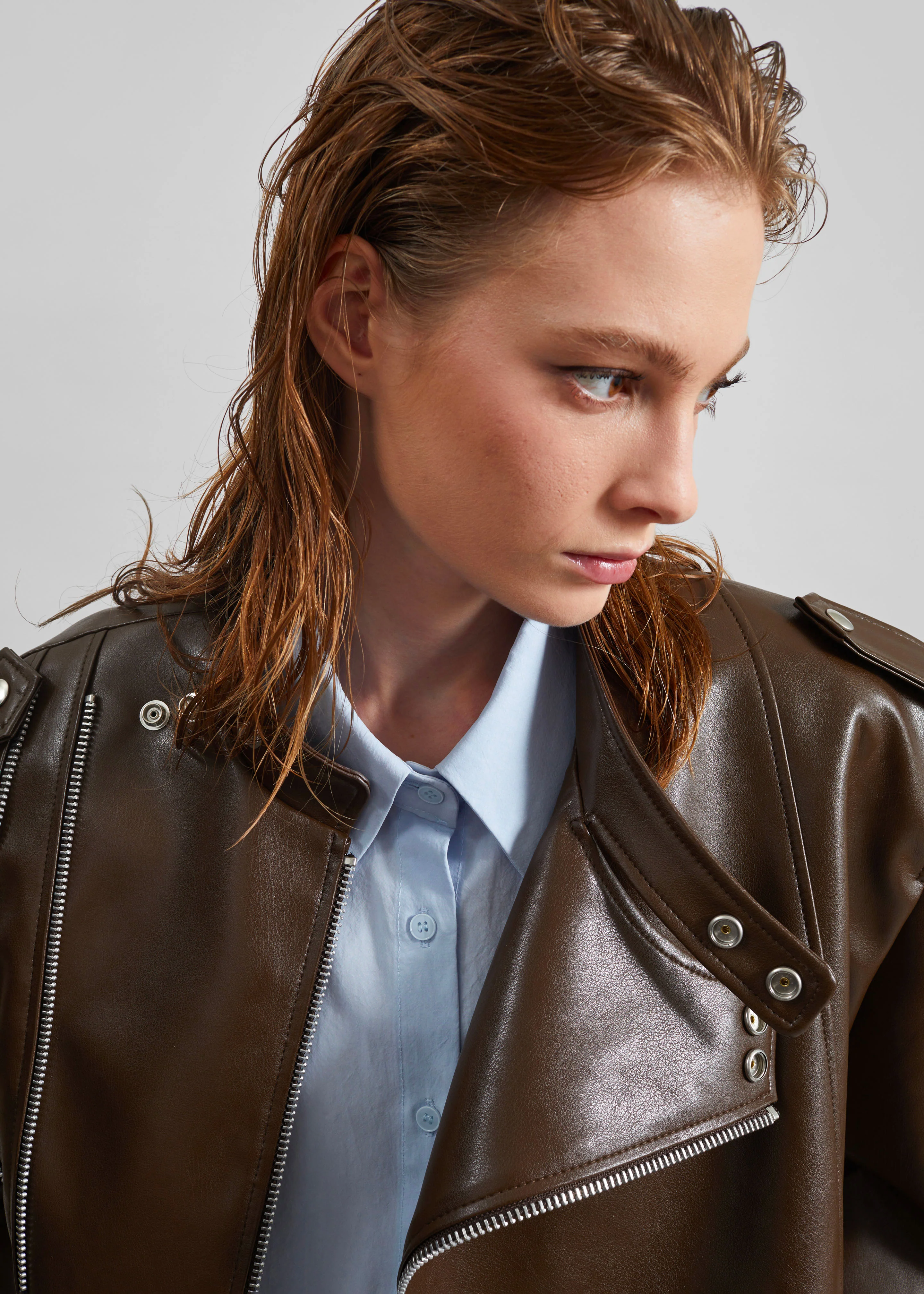 Teagan Boxy Faux Leather Jacket - Brown - Image 6