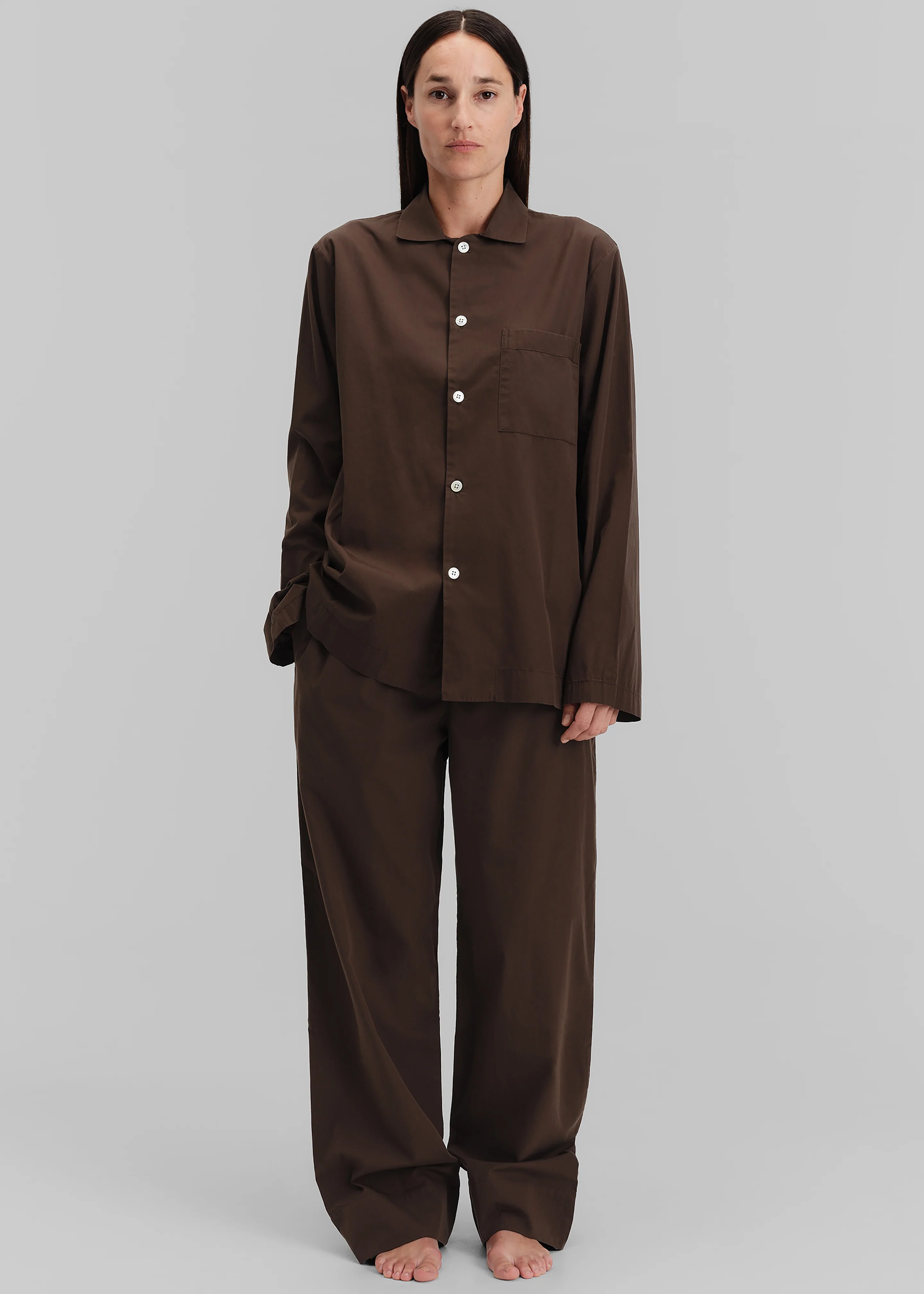 Tekla Poplin Pyjama Shirt - Coffee - Image 4
