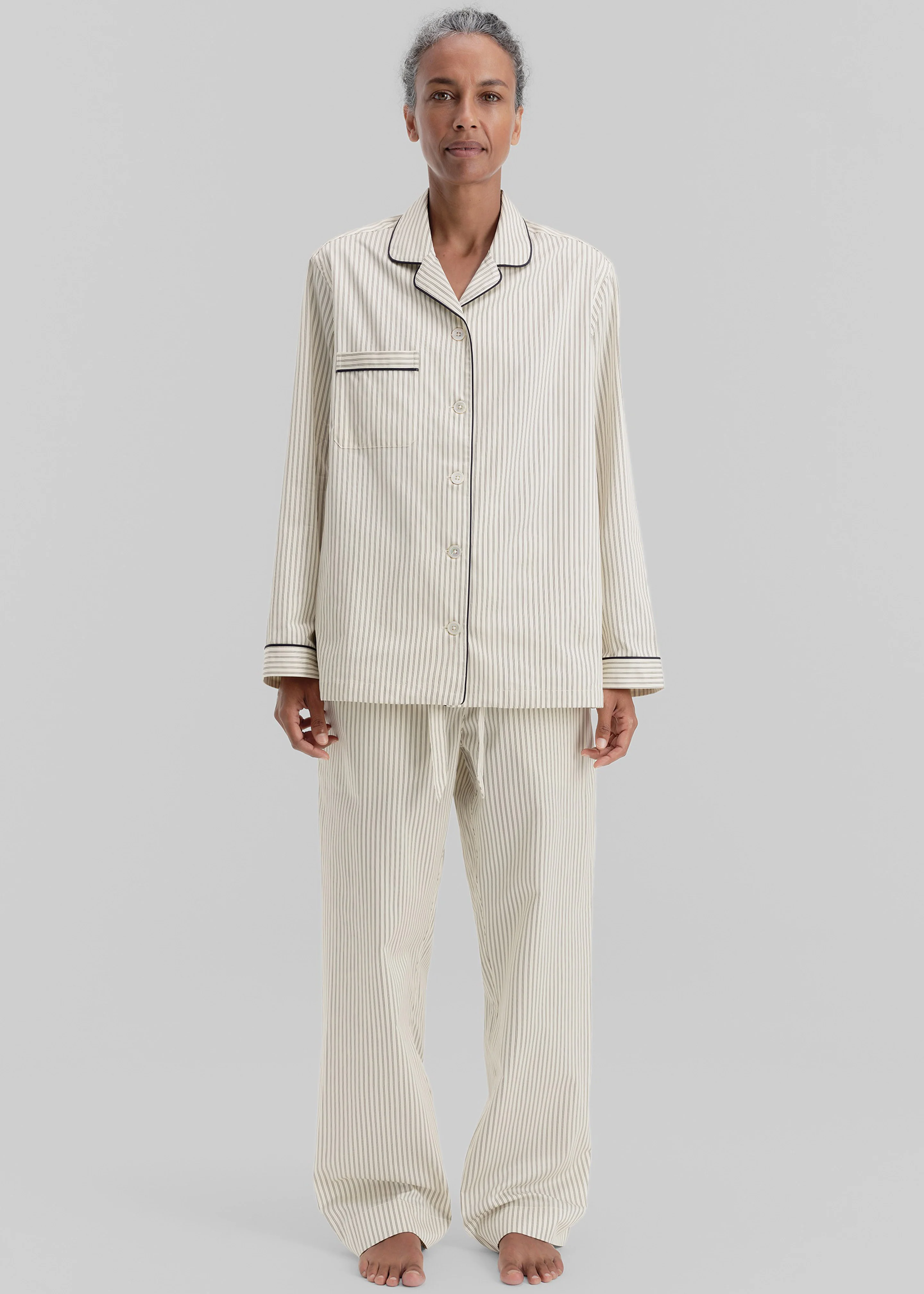 Tekla Sateen Pyjama Shirt - Brown Pinstripe - Image 3