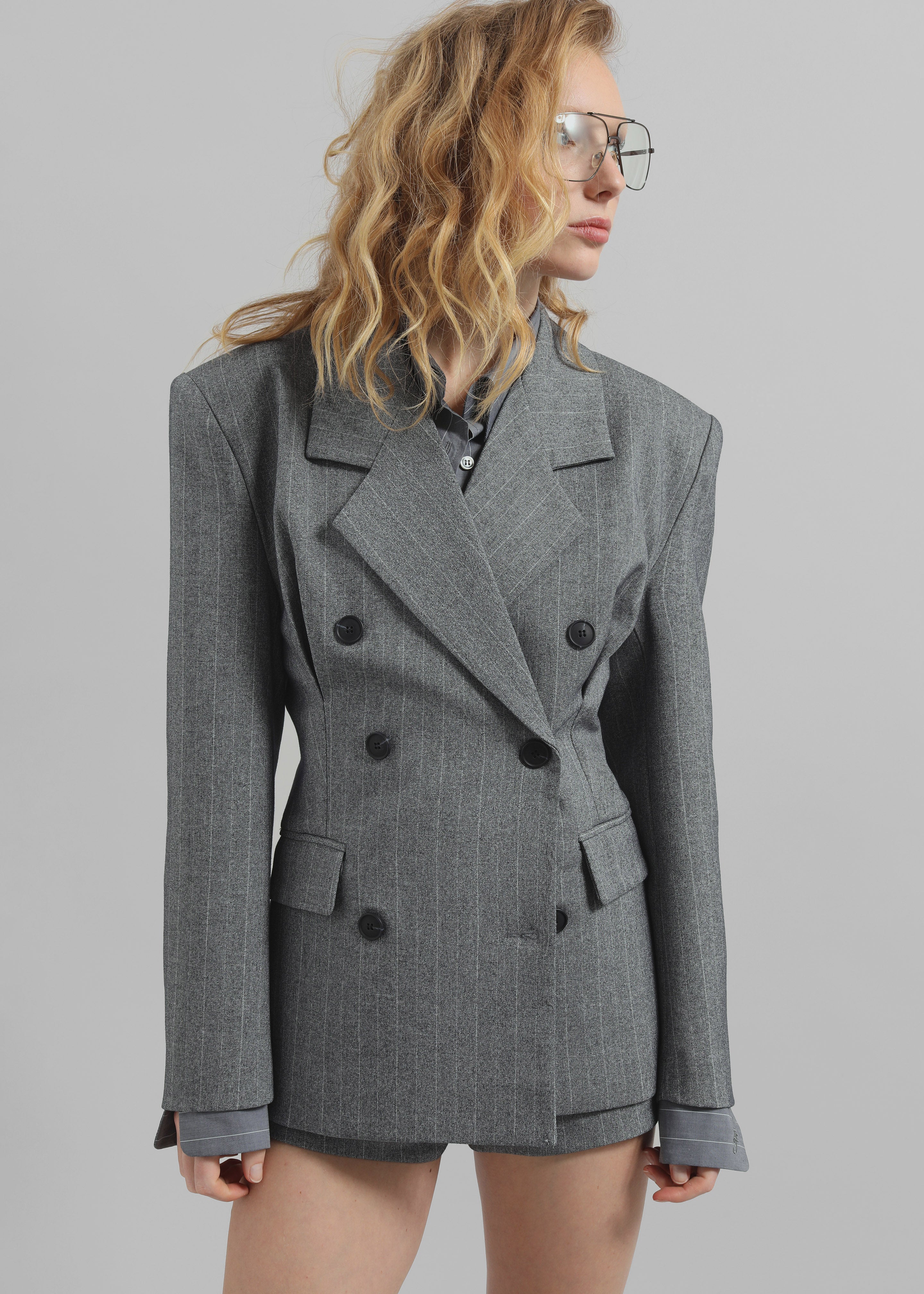 Tenby Striped Cinched Blazer - Grey Melange - Image 5