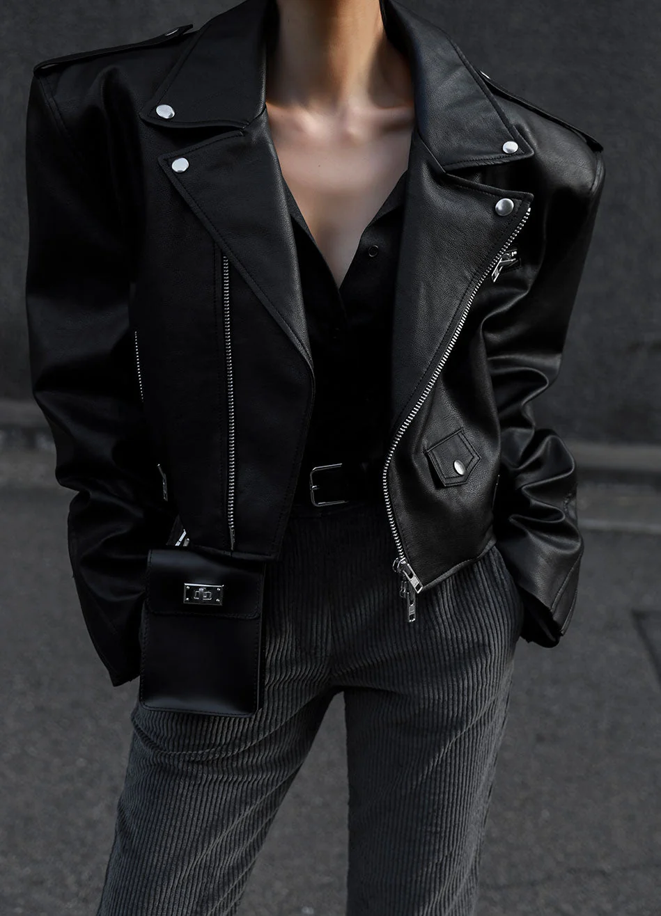 Tidus Cropped Biker Jacket - Black - Image 3