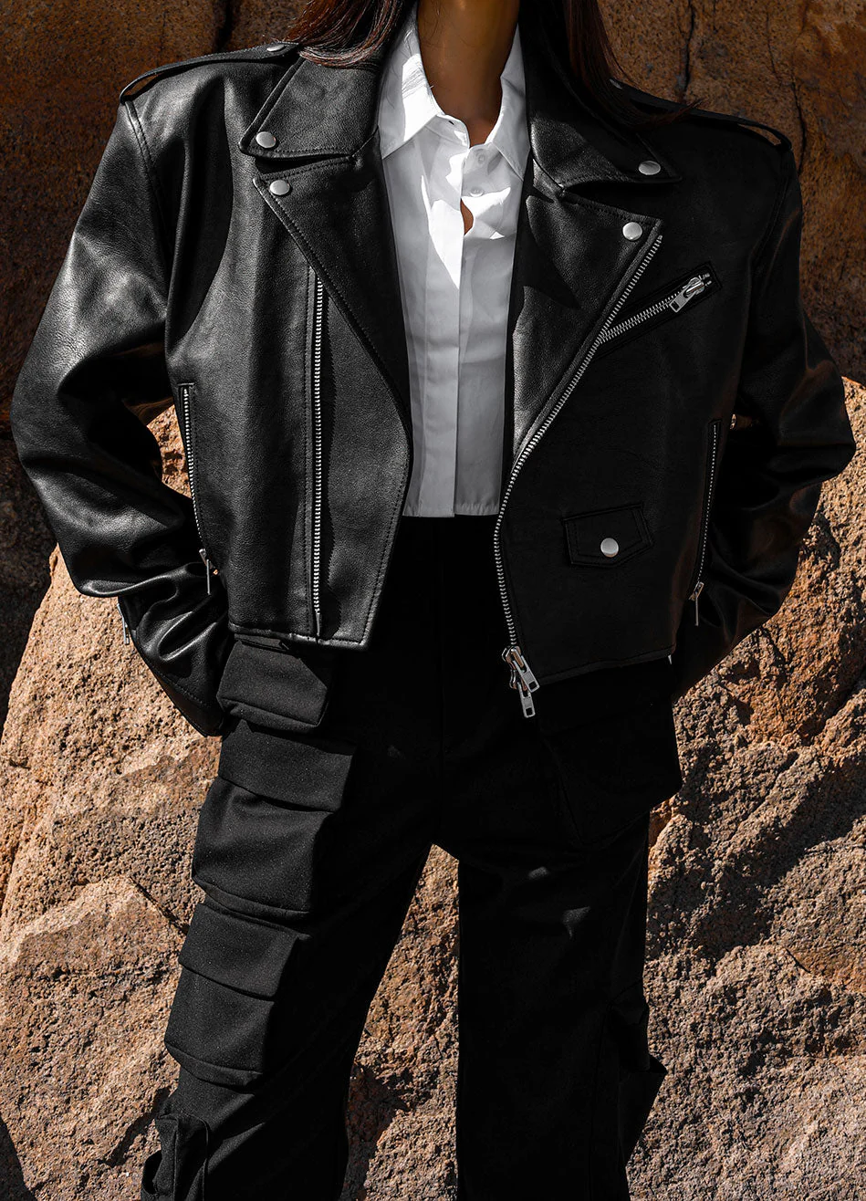 Tidus Cropped Biker Jacket - Black - Image 6
