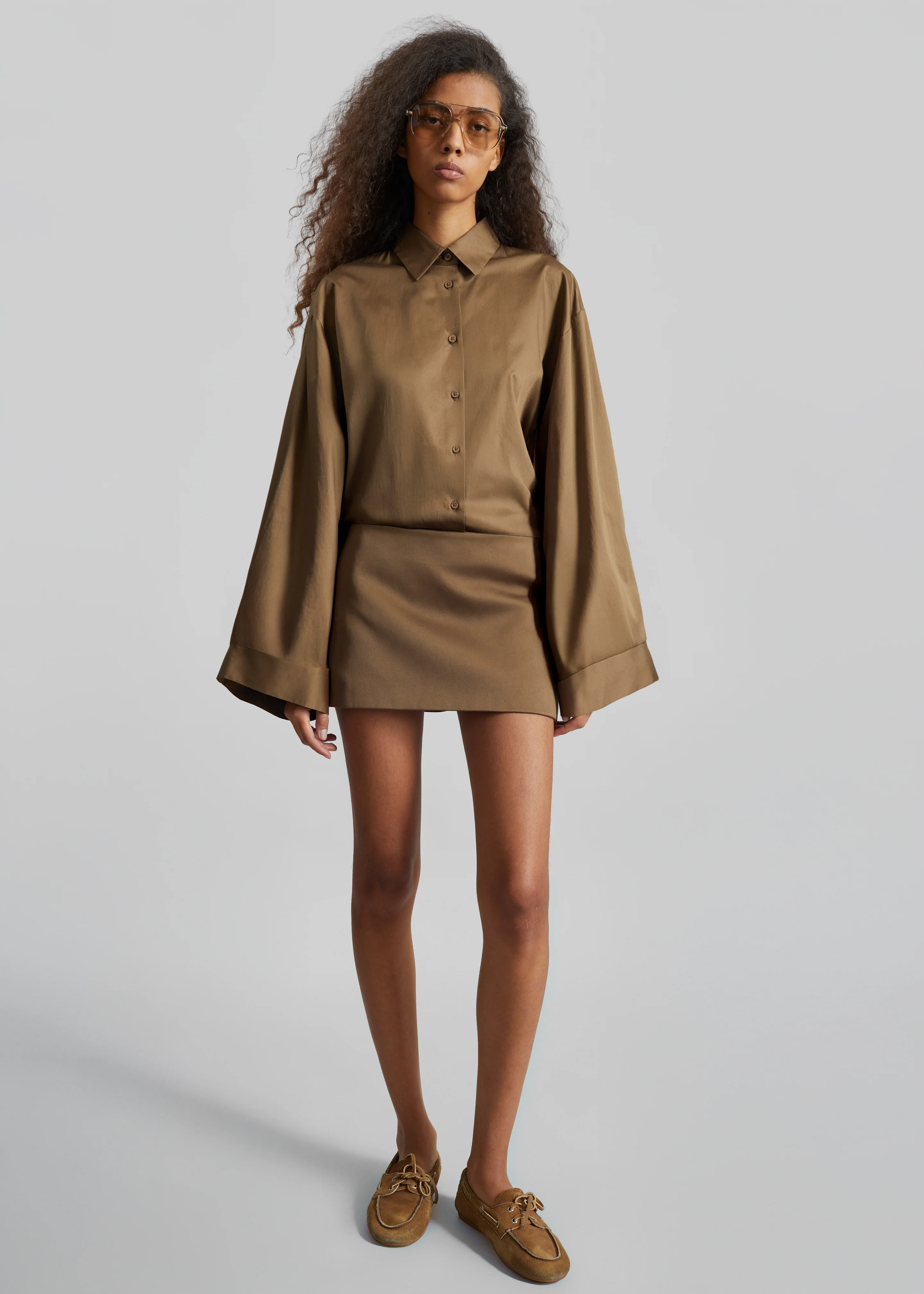 Tila Satin Wide Sleeve Shirt - Brown - Image 2