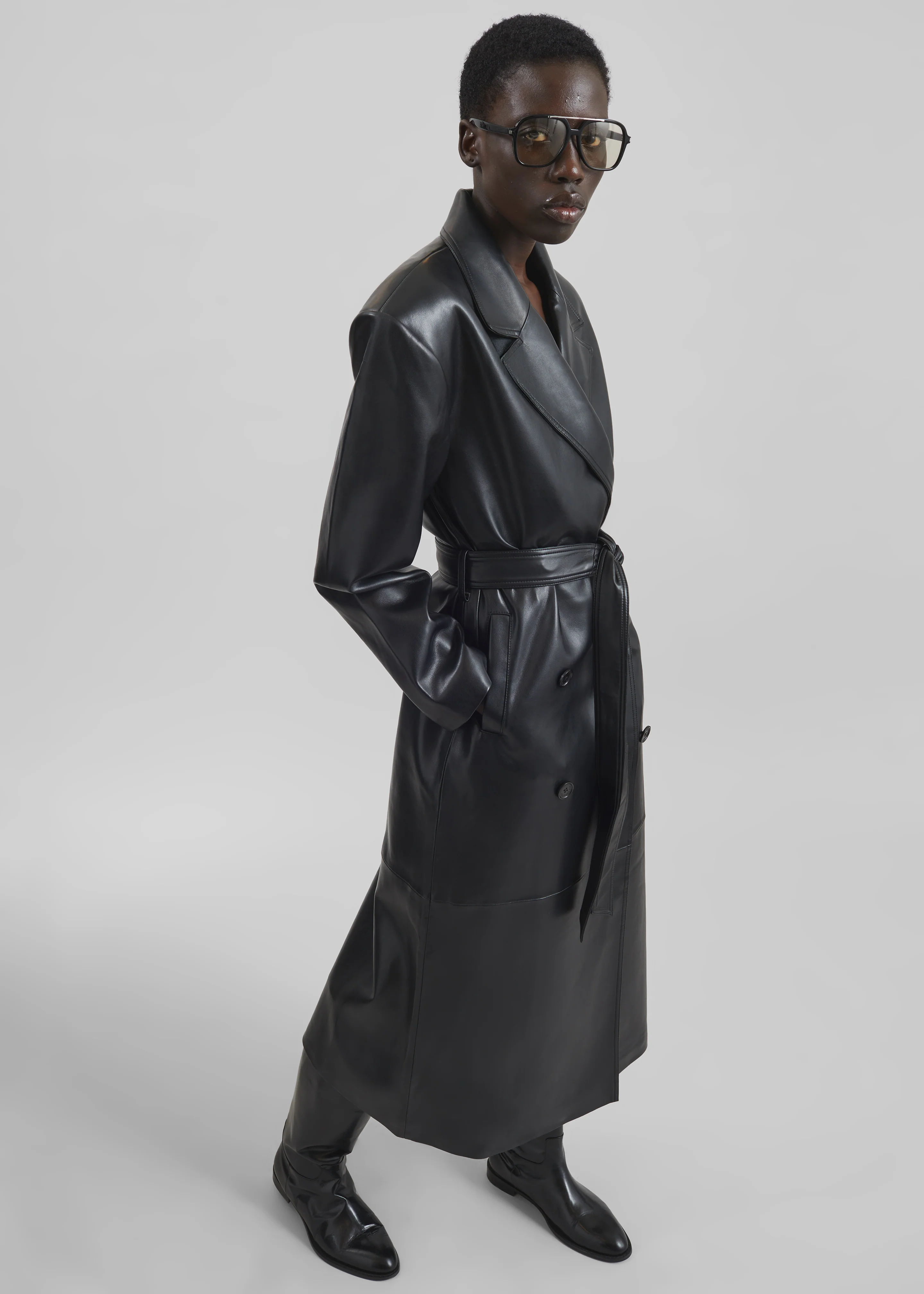 Tina Faux Leather Trench Coat - Black - Image 3